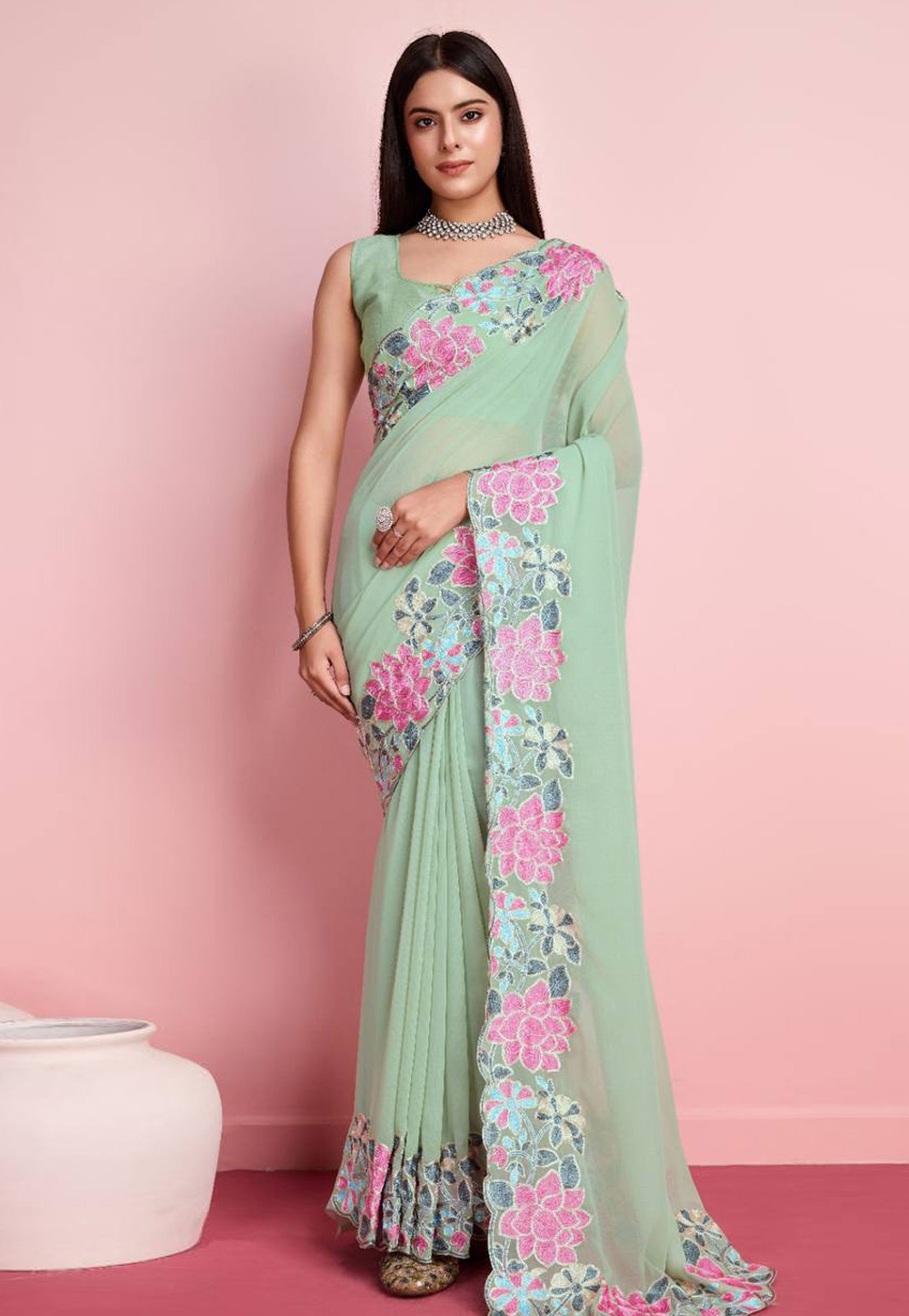 Pista Green Georgette Saree With Blouse 286332