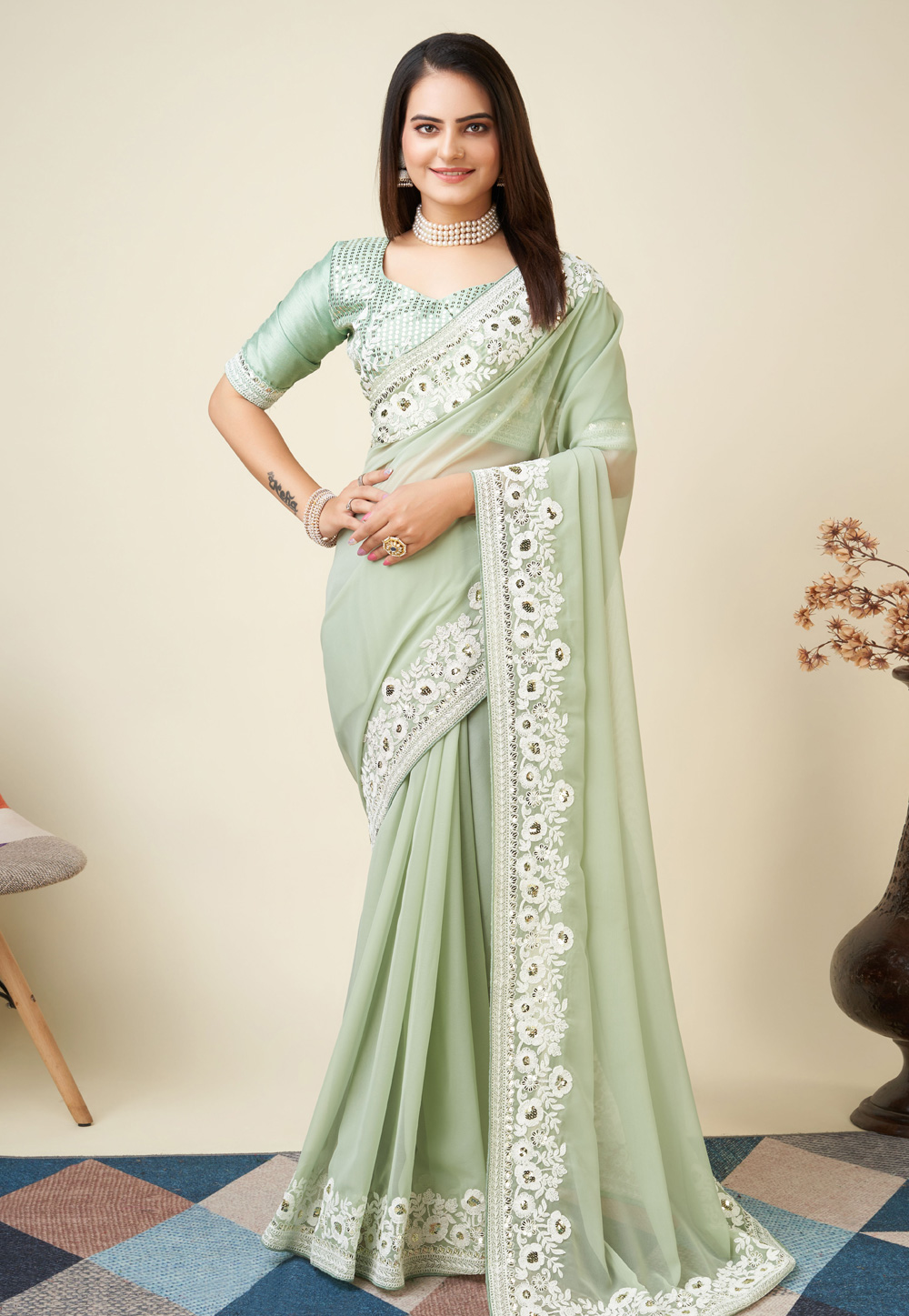 Pista Green Georgette Saree With Blouse 279331