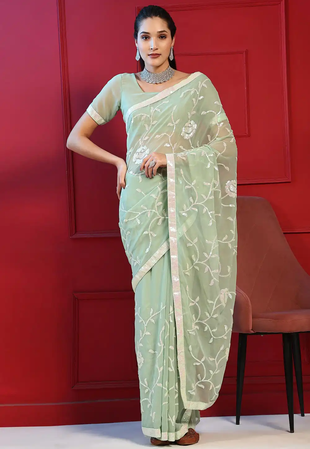 Pista Green Georgette Saree With Blouse 289339