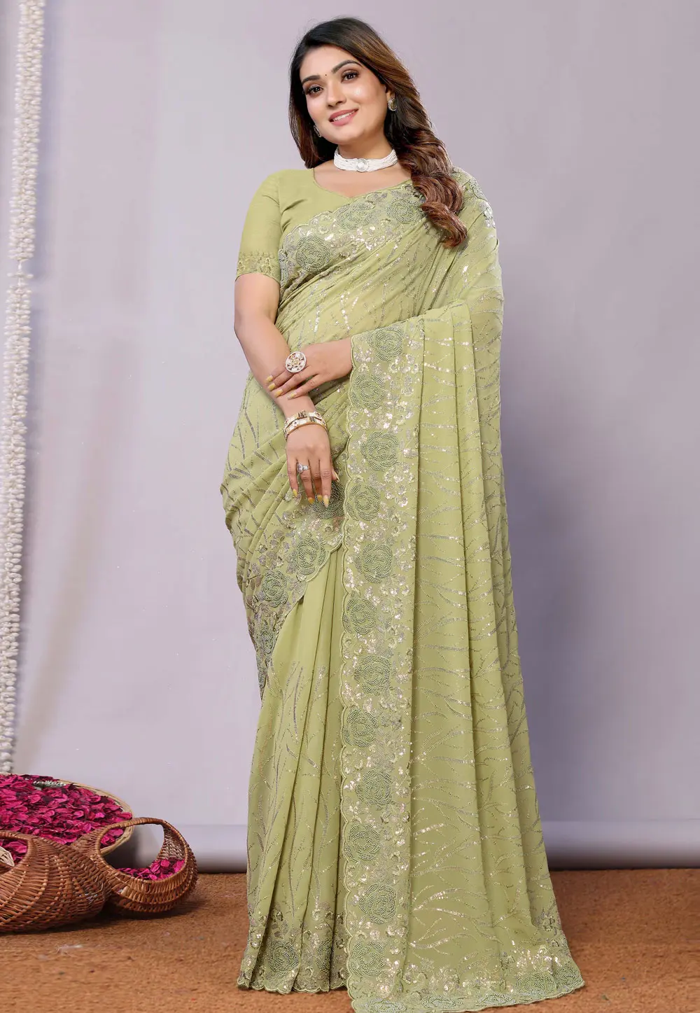 Pista Green Georgette Saree With Blouse 300581