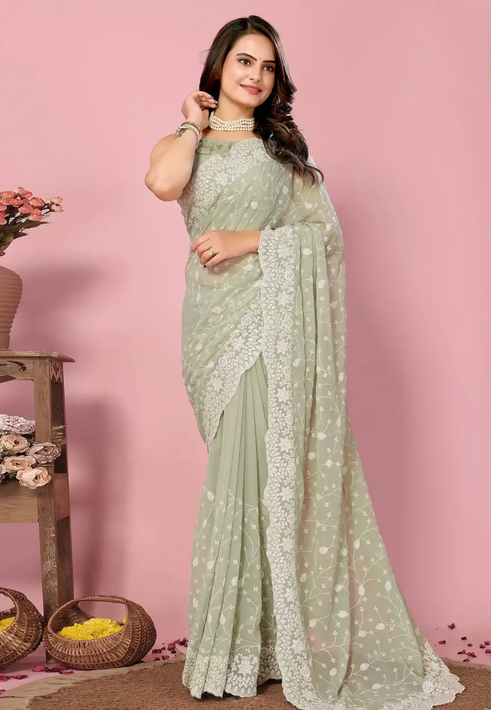 Pista Green Georgette Saree With Blouse 289053