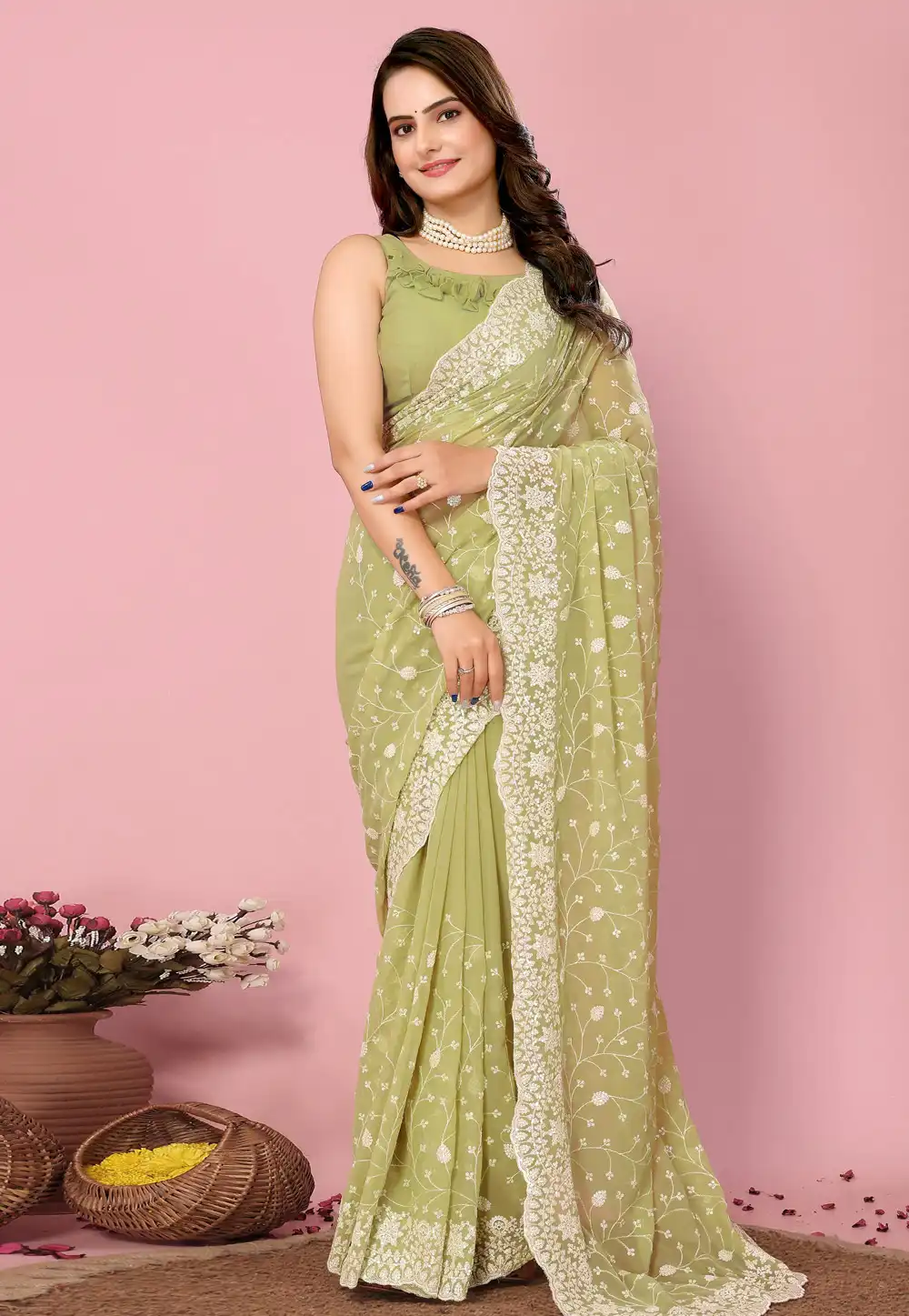 Pista Green Georgette Saree With Blouse 289057