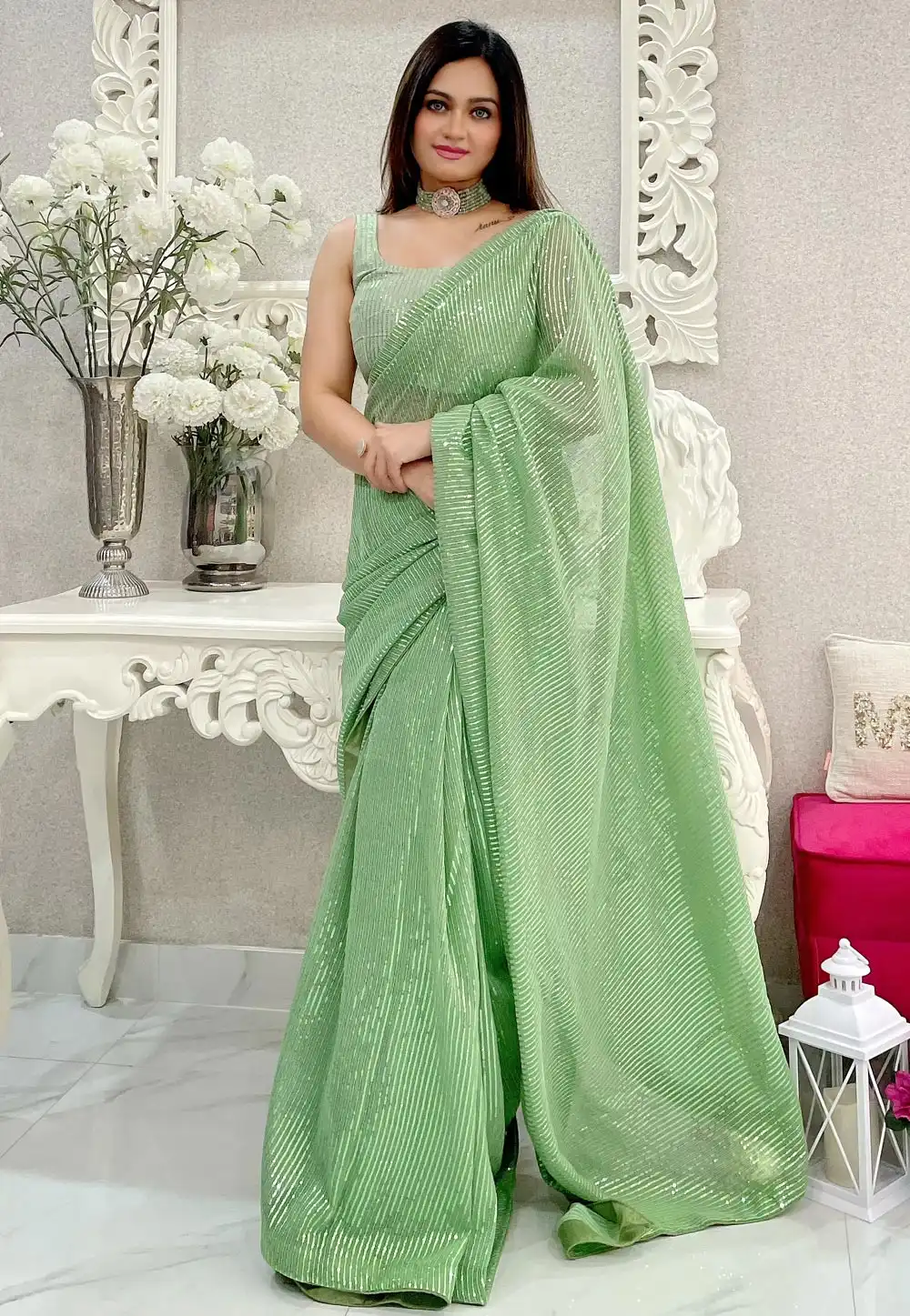 Pista Green Georgette Saree With Blouse 294152