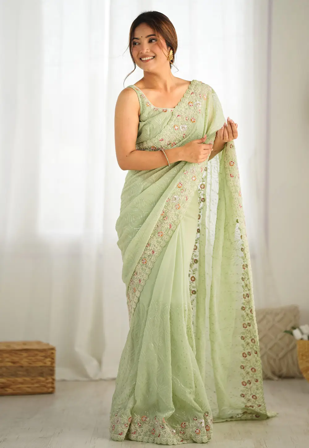 Pista Green Georgette Saree With Blouse 295668