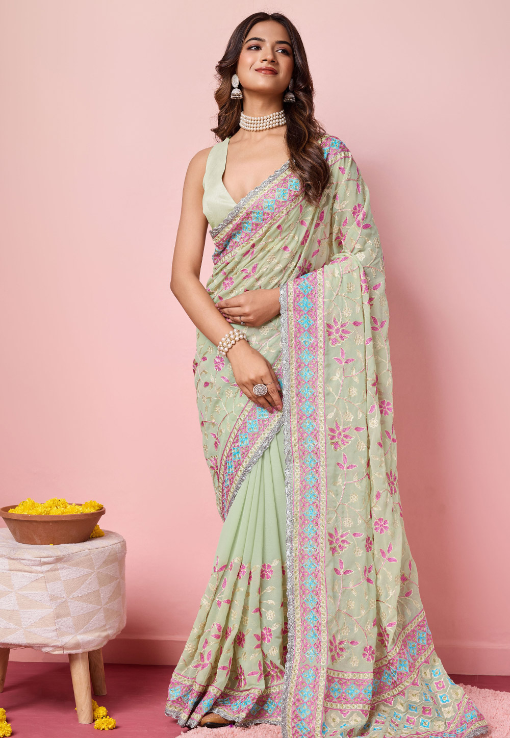 Pista Green Georgette Saree With Blouse 287644