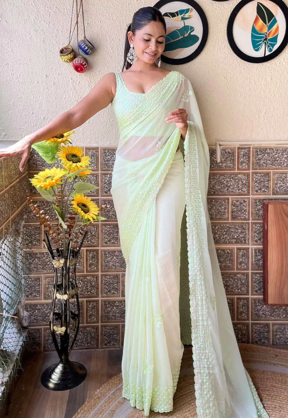 Pista Green Georgette Saree With Blouse 303446