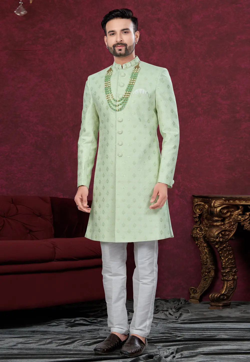 Pista Green Jacquard Achkan Style Sherwani 295638