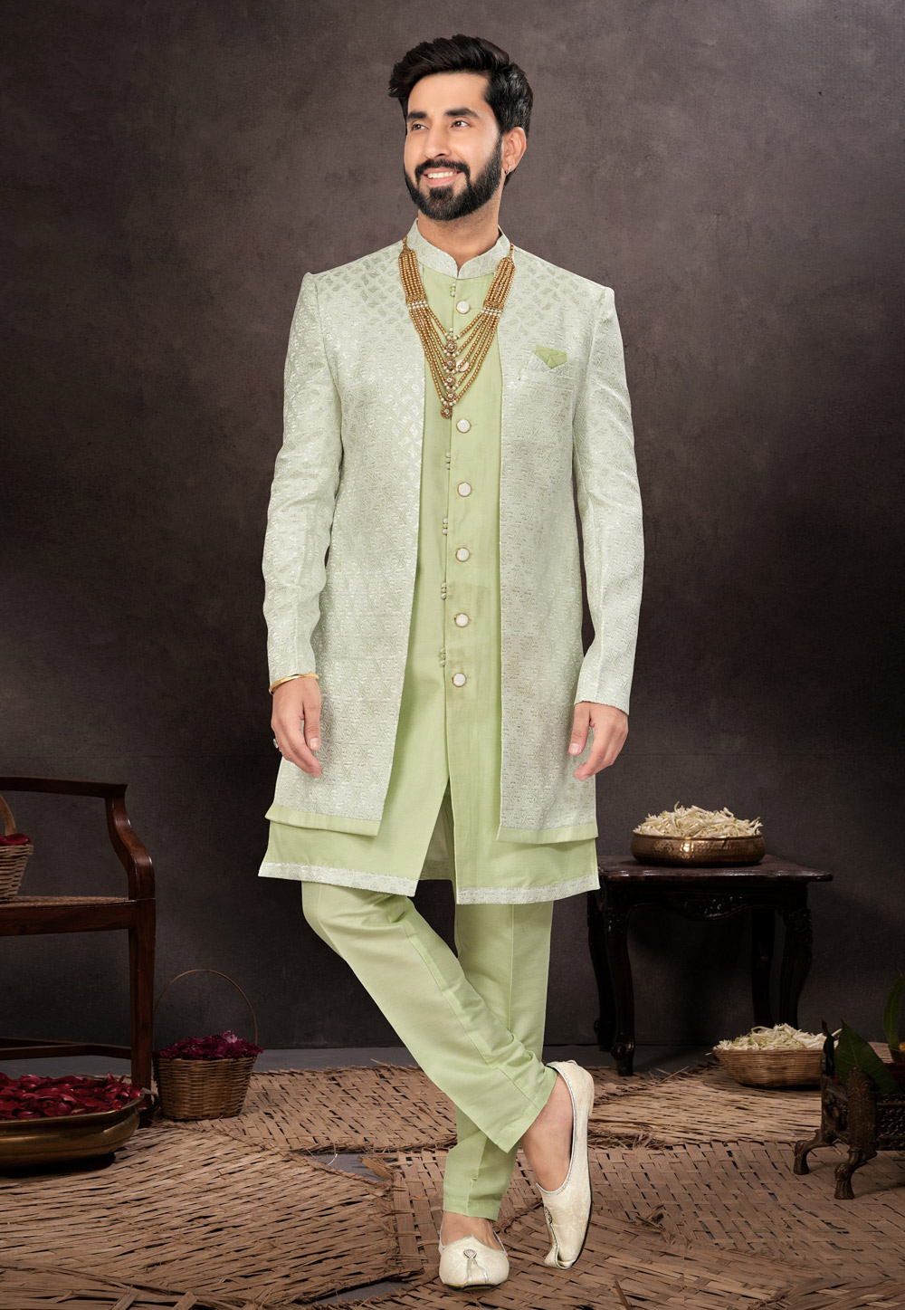 Pista Green Jacquard Indo Western Suit 283962
