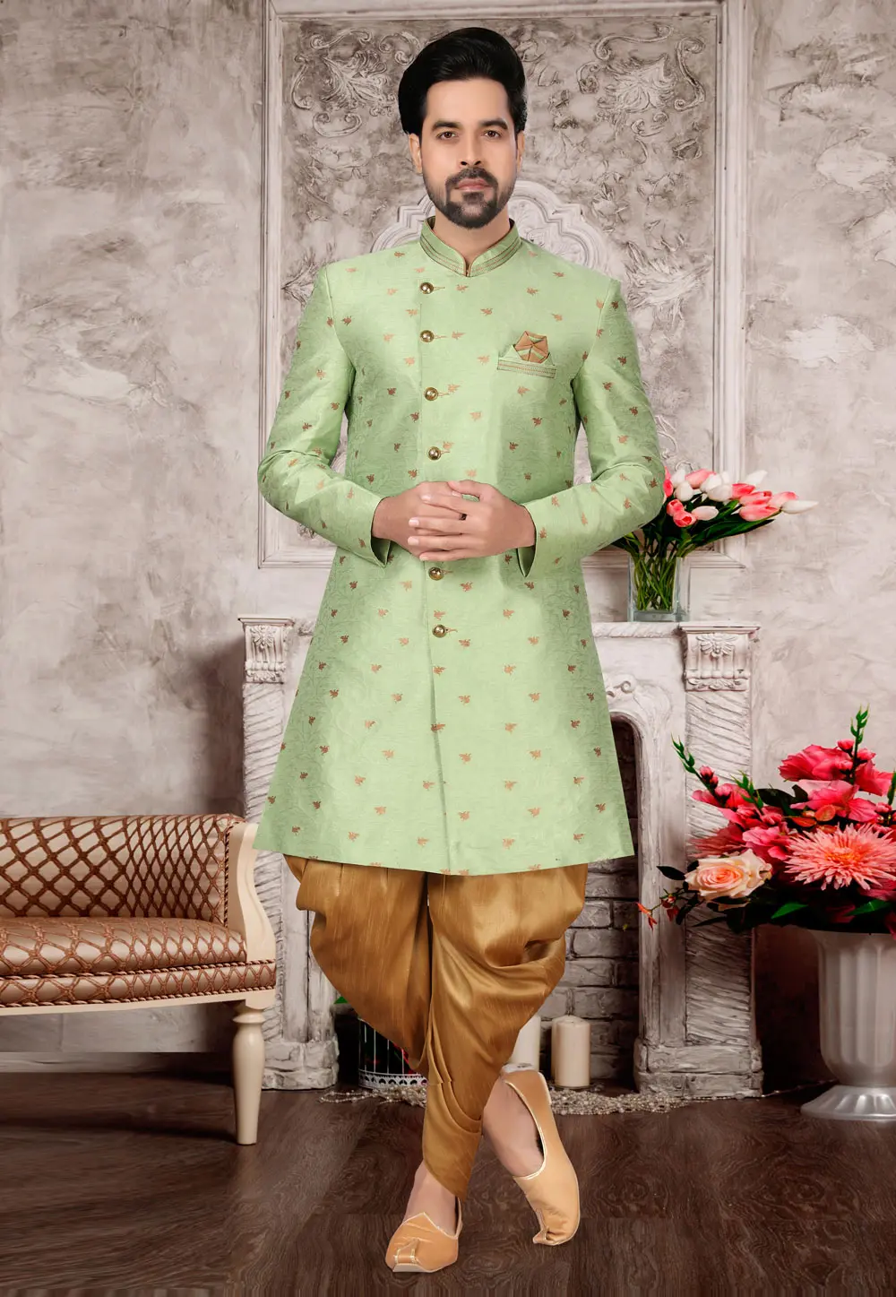 Pista Green Jacquard Indo Western Suit 302955