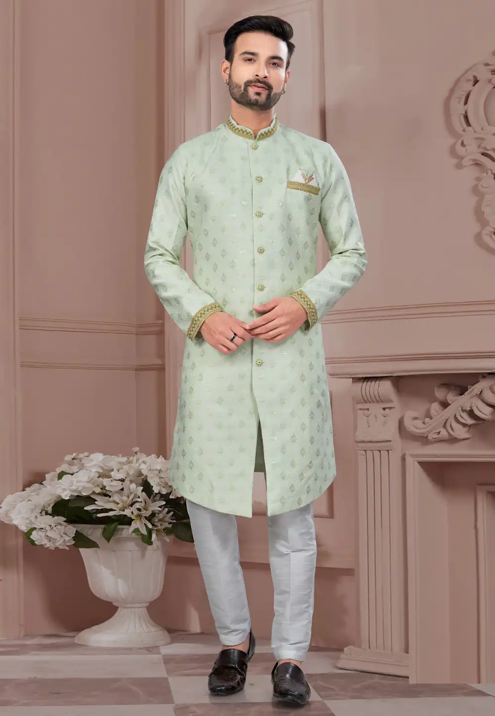 Pista Green Jacquard Indo Western Suit 294541