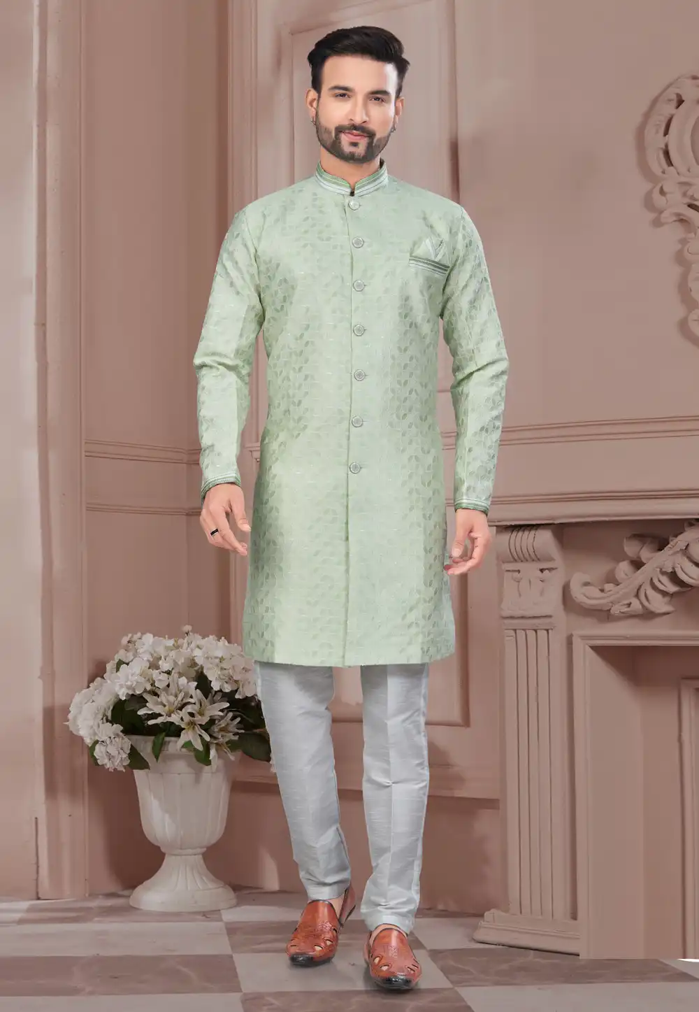 Pista Green Jacquard Indo Western Suit 294560