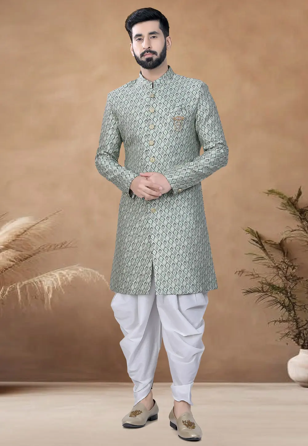 Pista Green Jacquard Indo Western Suit 298575