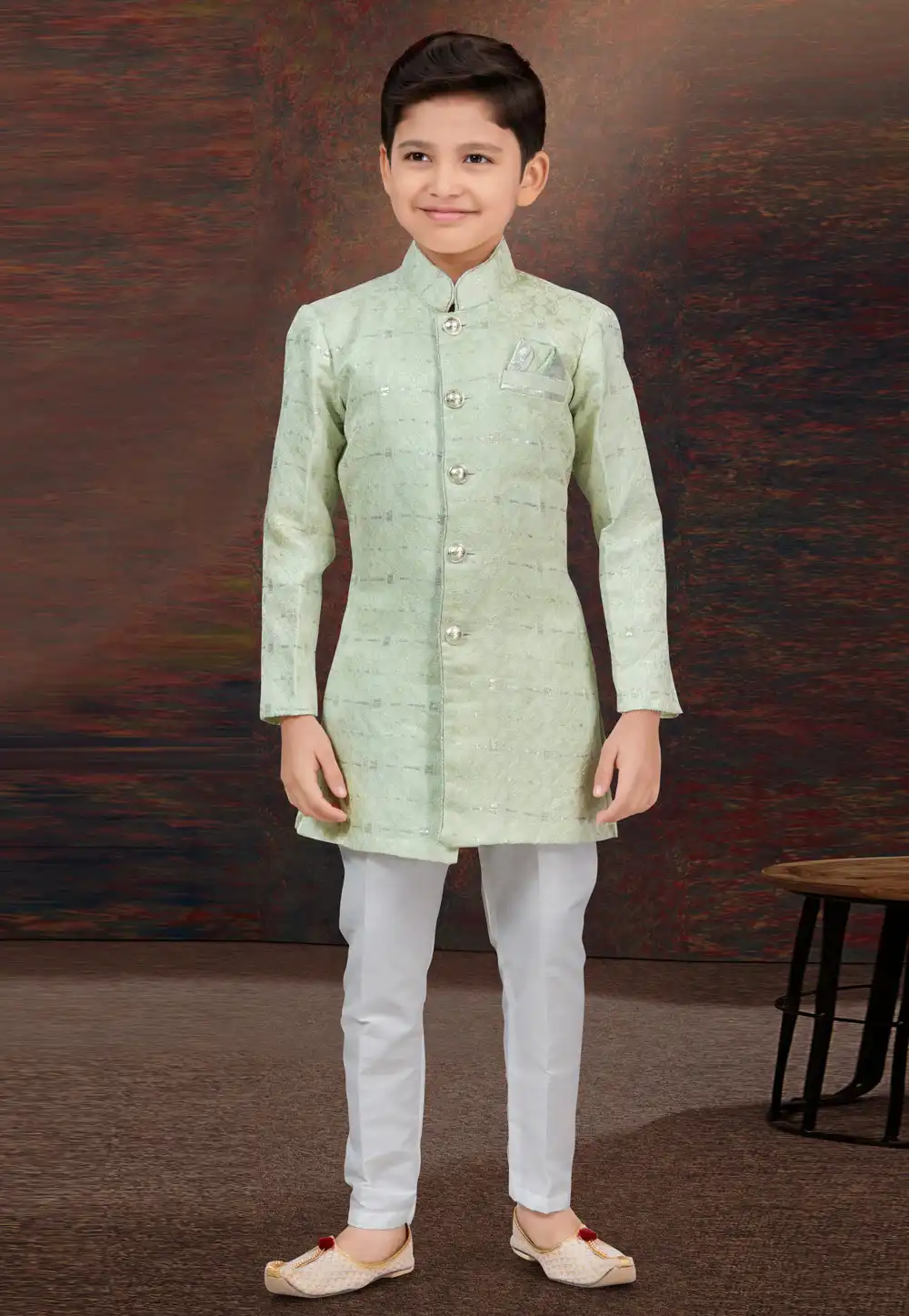 Pista Green Jacquard Kids Indo Western Sherwani 294917