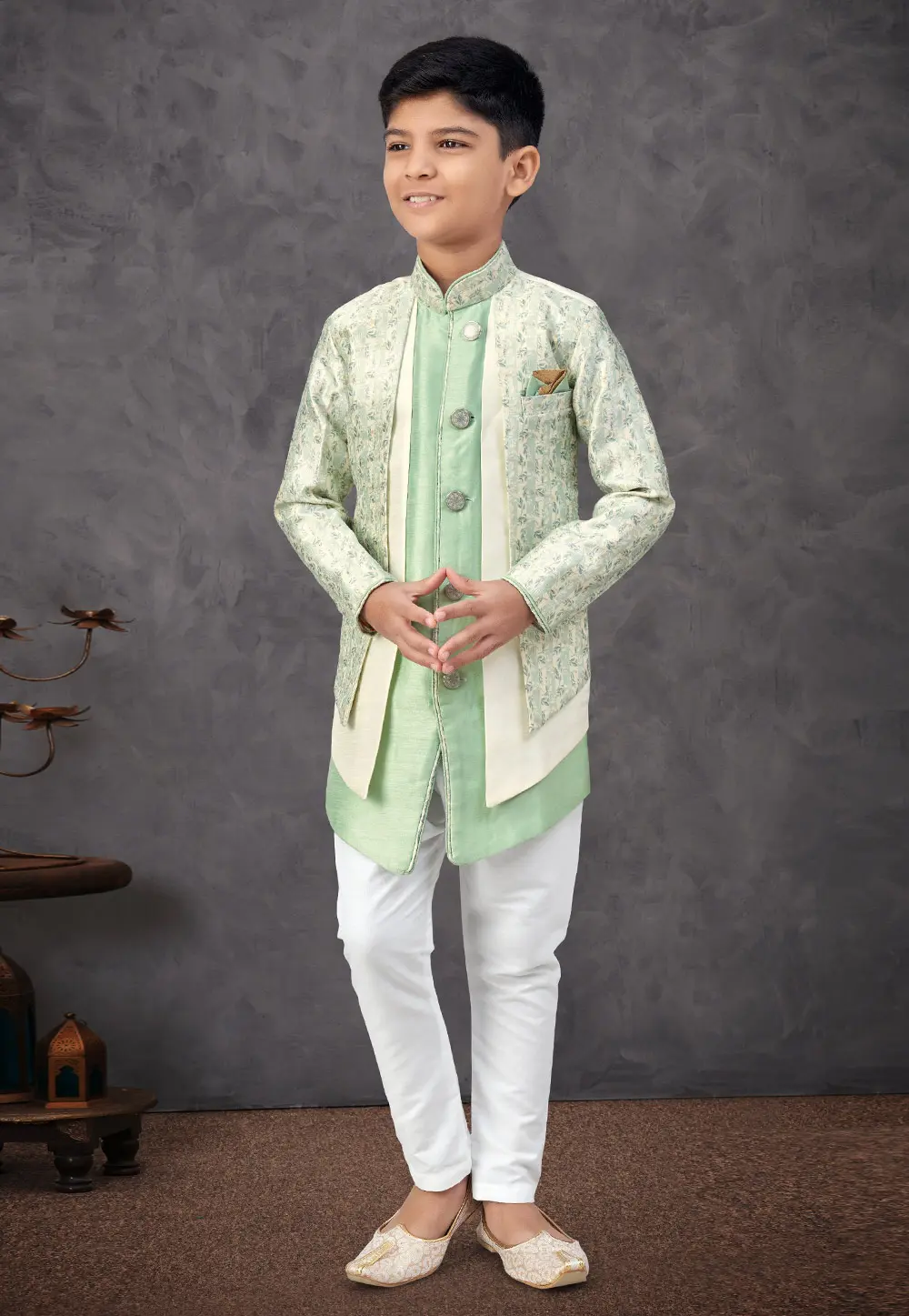 Pista Green Jacquard Kids Indo Western Suit 301322