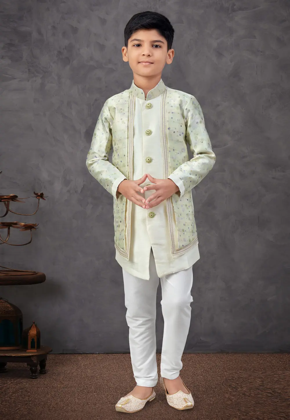 Pista Green Jacquard Kids Indo Western Suit 301326