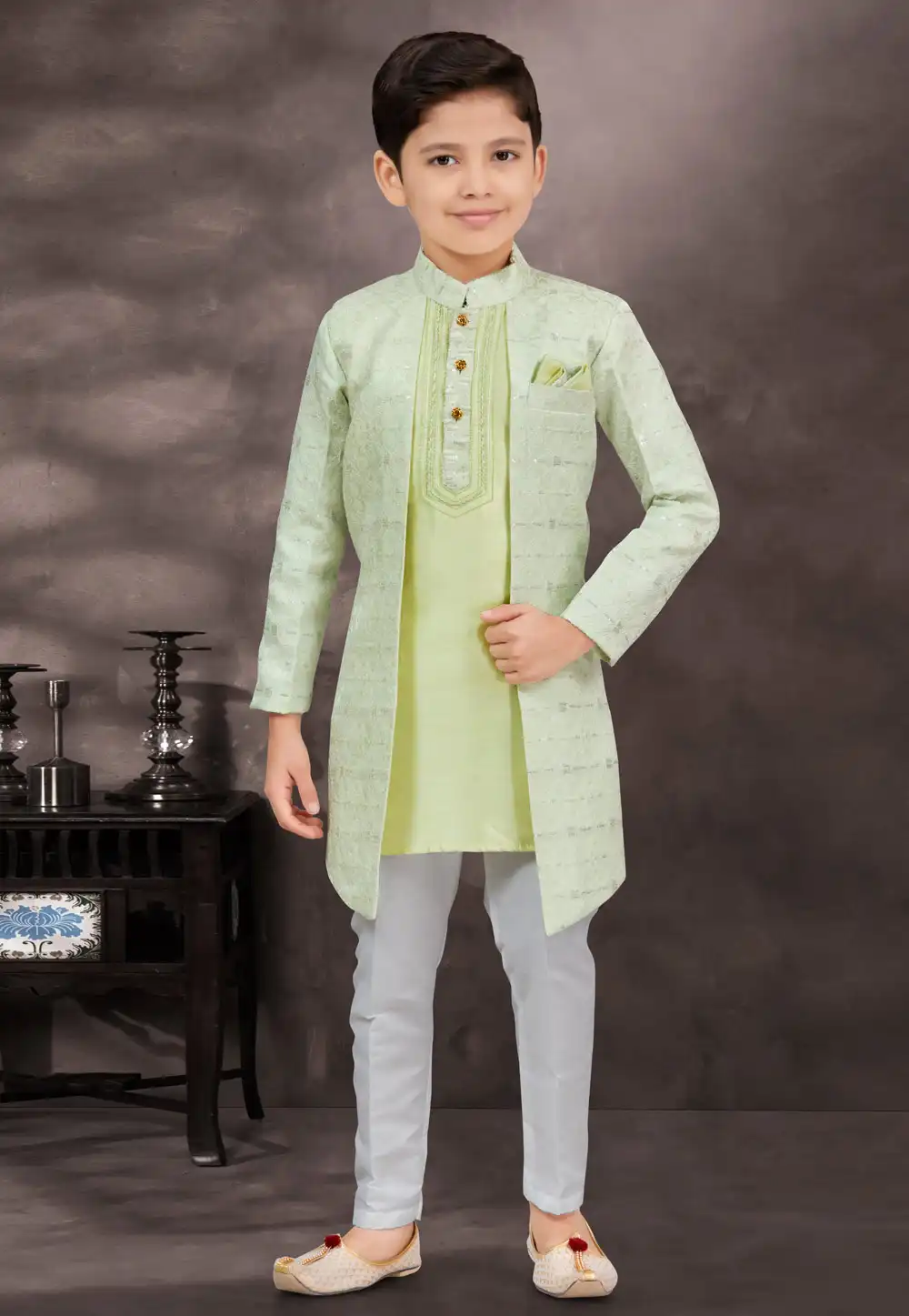 Pista Green Jacquard Kids Indo Western Suit 292993