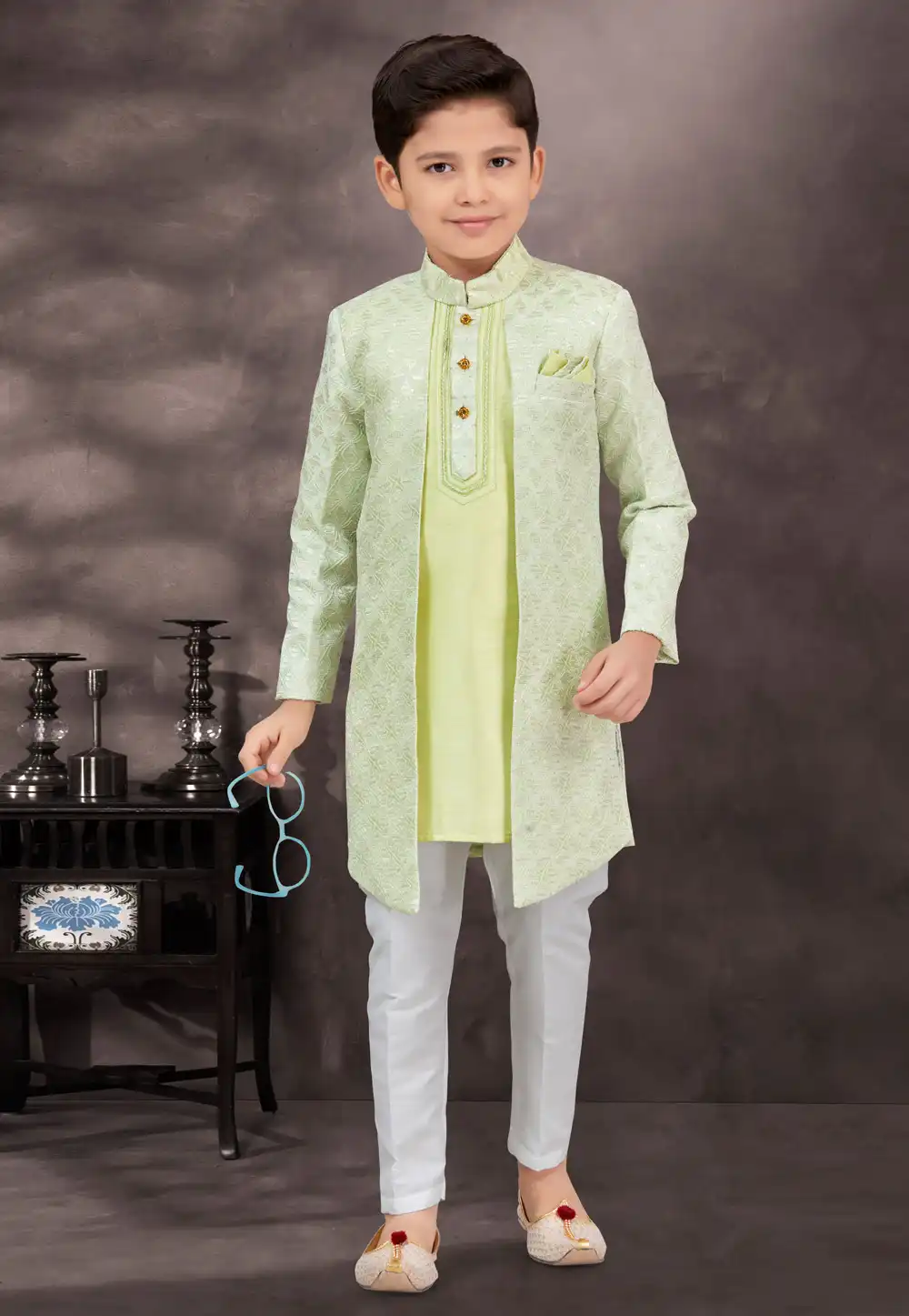 Pista Green Jacquard Kids Indo Western Suit 292998