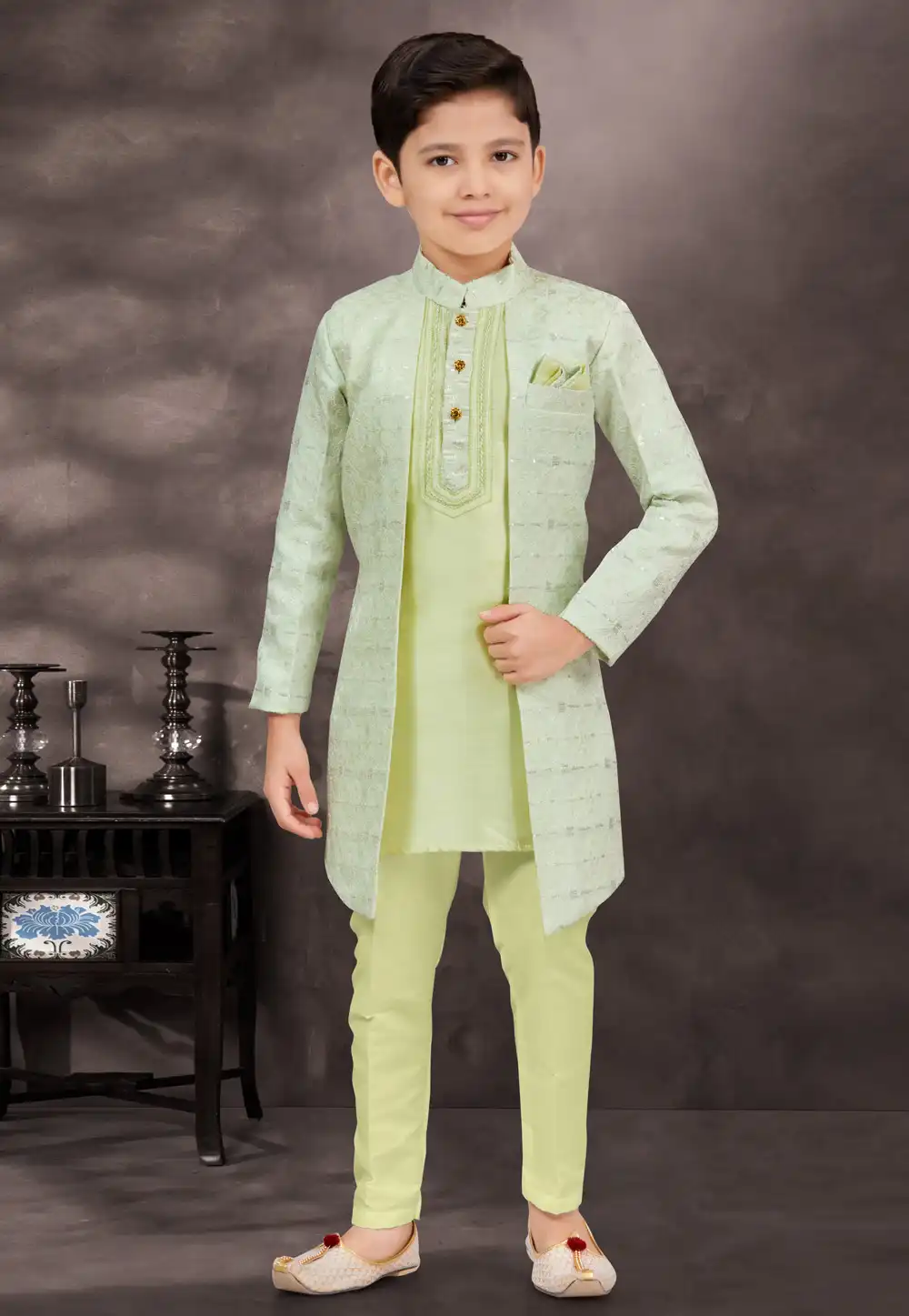 Pista Green Jacquard Kids Indo Western Suit 294970