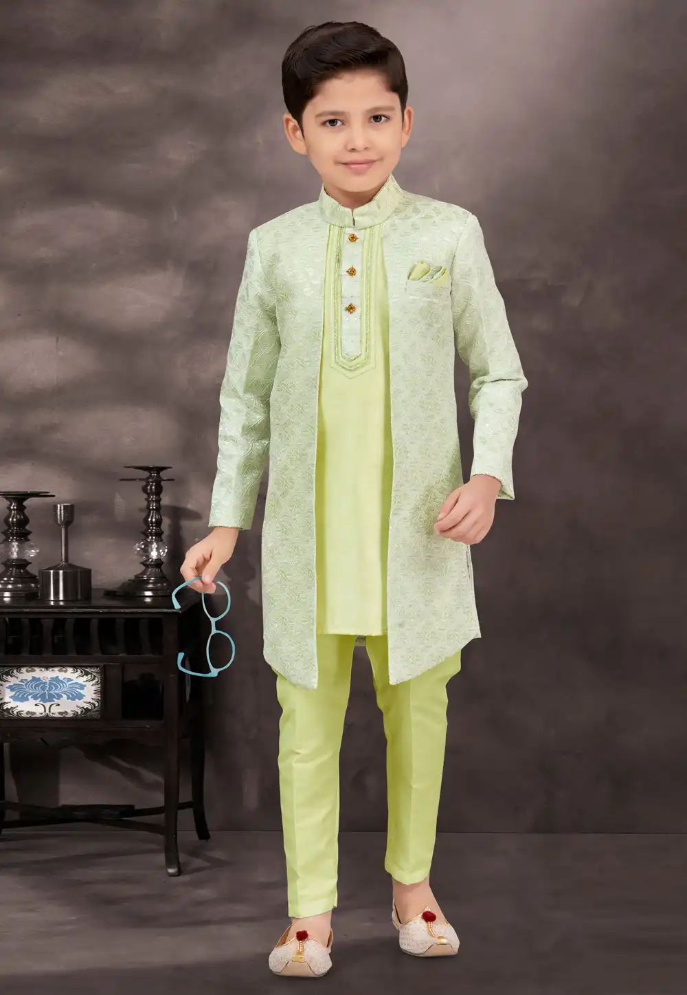 Pista Green Jacquard Kids Indo Western Suit 294977