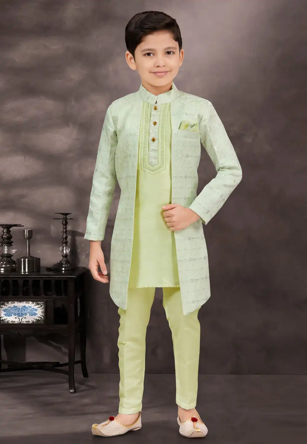 Pista Green Jacquard Kids Indo Western Suit 294980