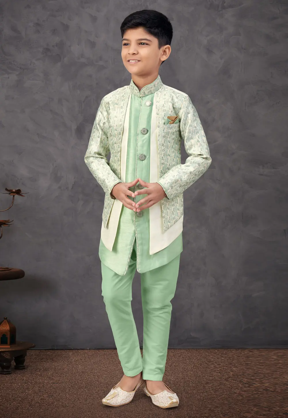 Pista Green Jacquard Kids Indo Western Suit 303801