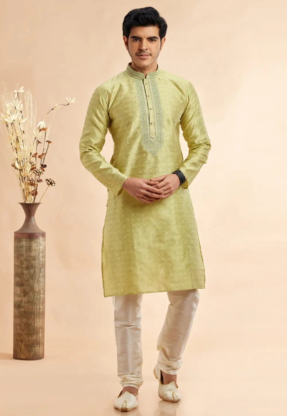 Pista Green Jacquard Kurta Pajama 297488