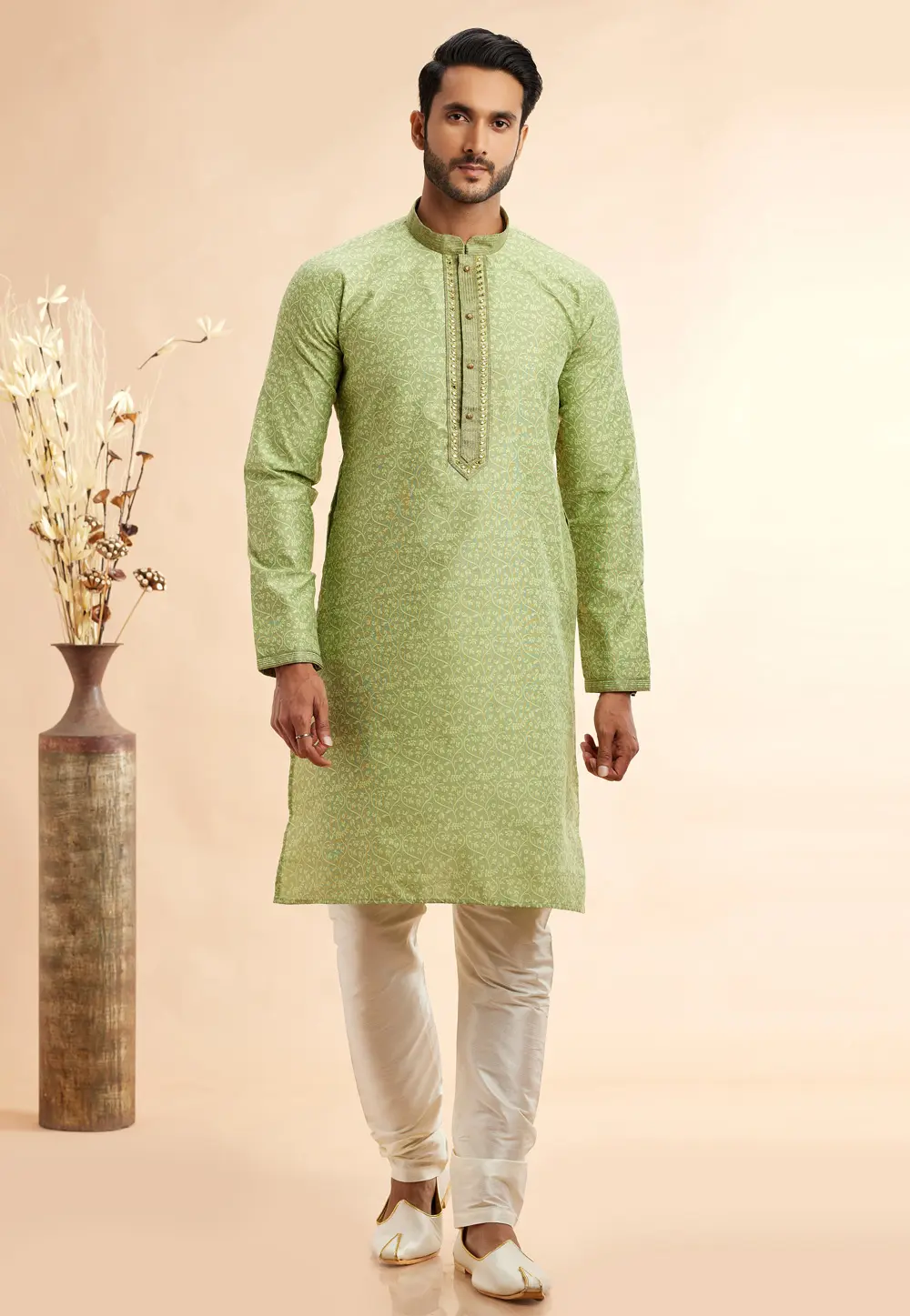 Pista Green Jacquard Kurta Pajama 297495