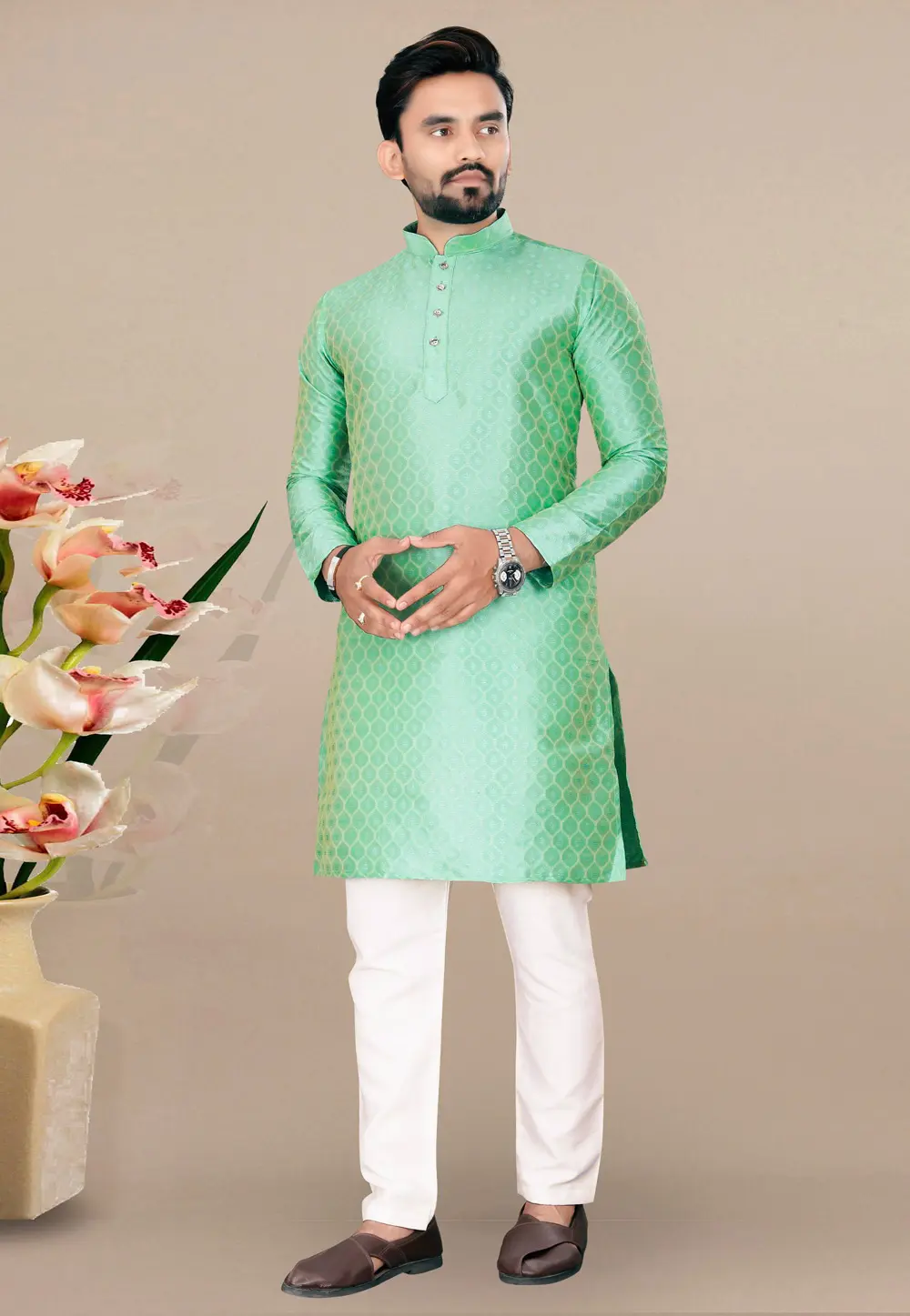 Pista Green Jacquard Kurta Pajama 293409