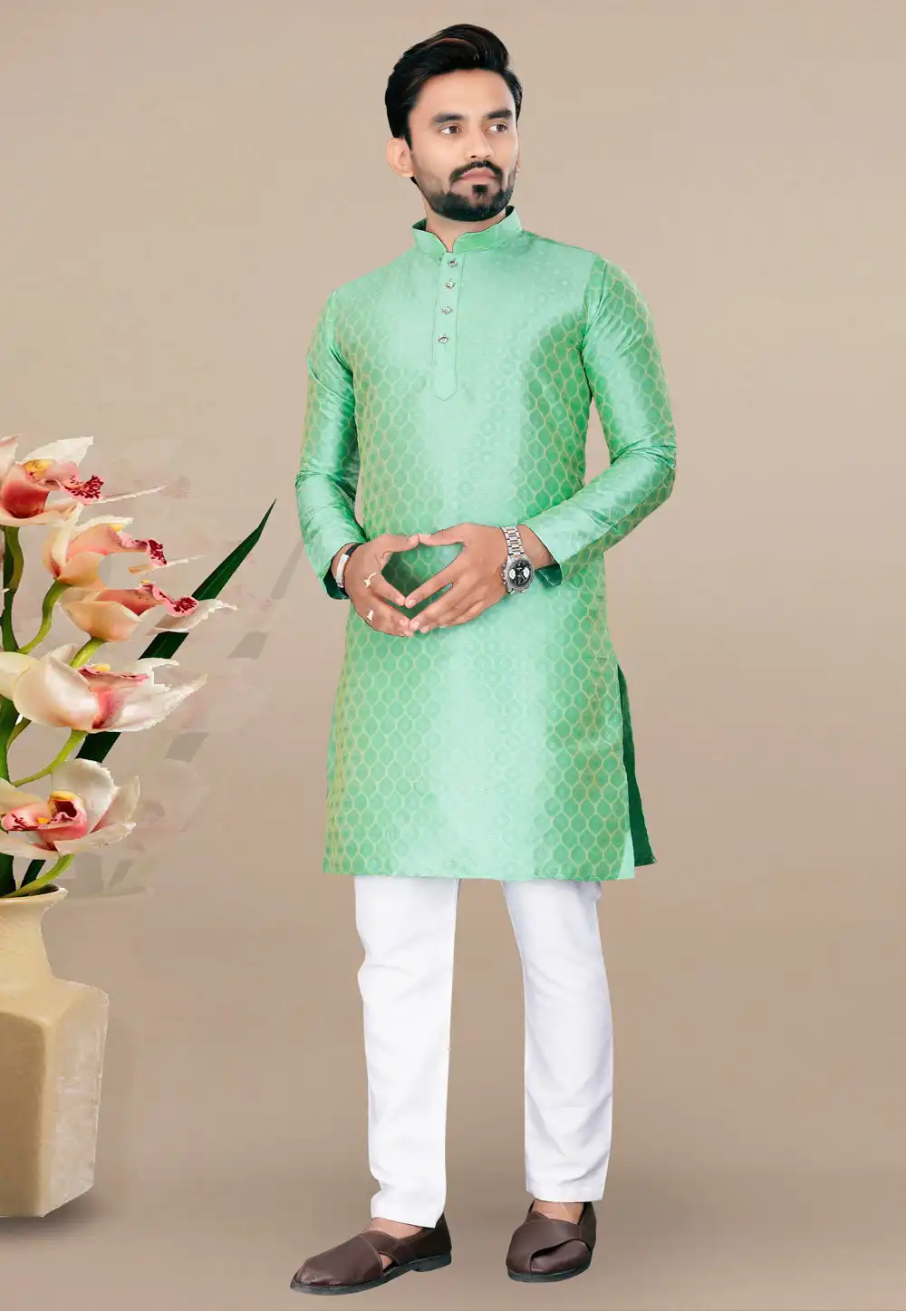 Pista Green Jacquard Kurta Pajama 293409