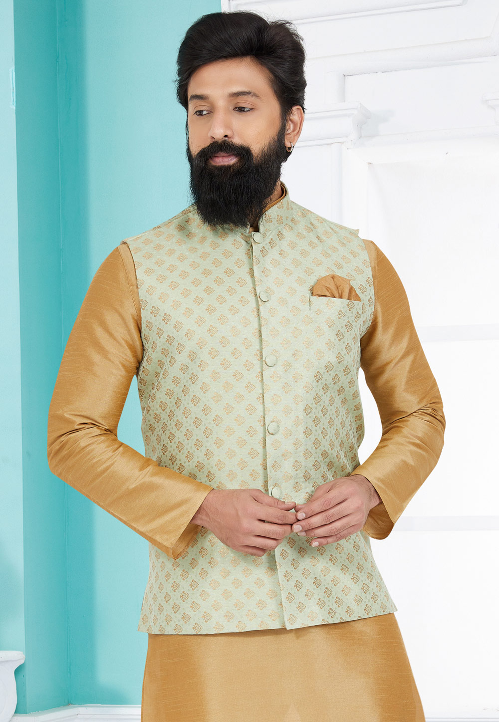 Pista Green Jacquard Nehru Jacket 286768