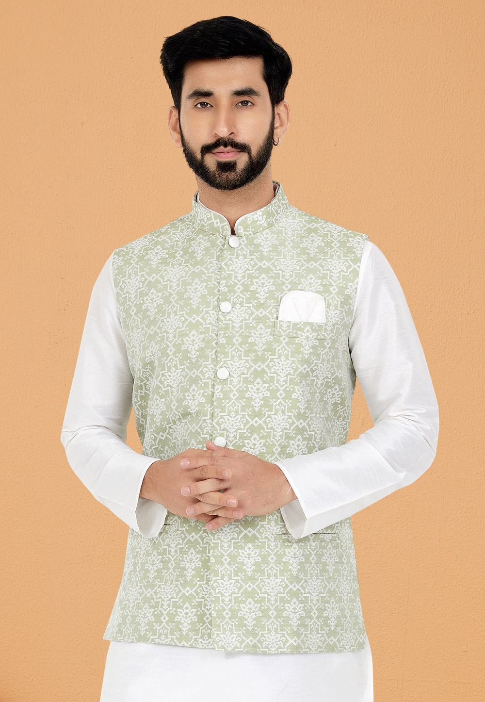 Pista Green Jacquard Nehru Jacket 286773