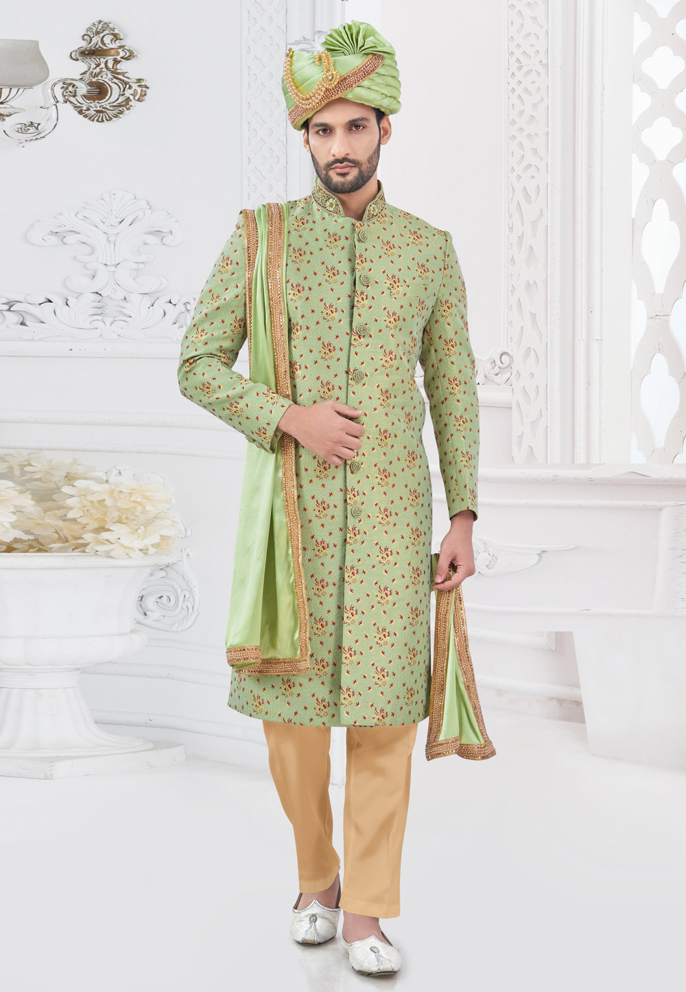 Pista Green Jacquard Silk Achkan Style Sherwani 305188