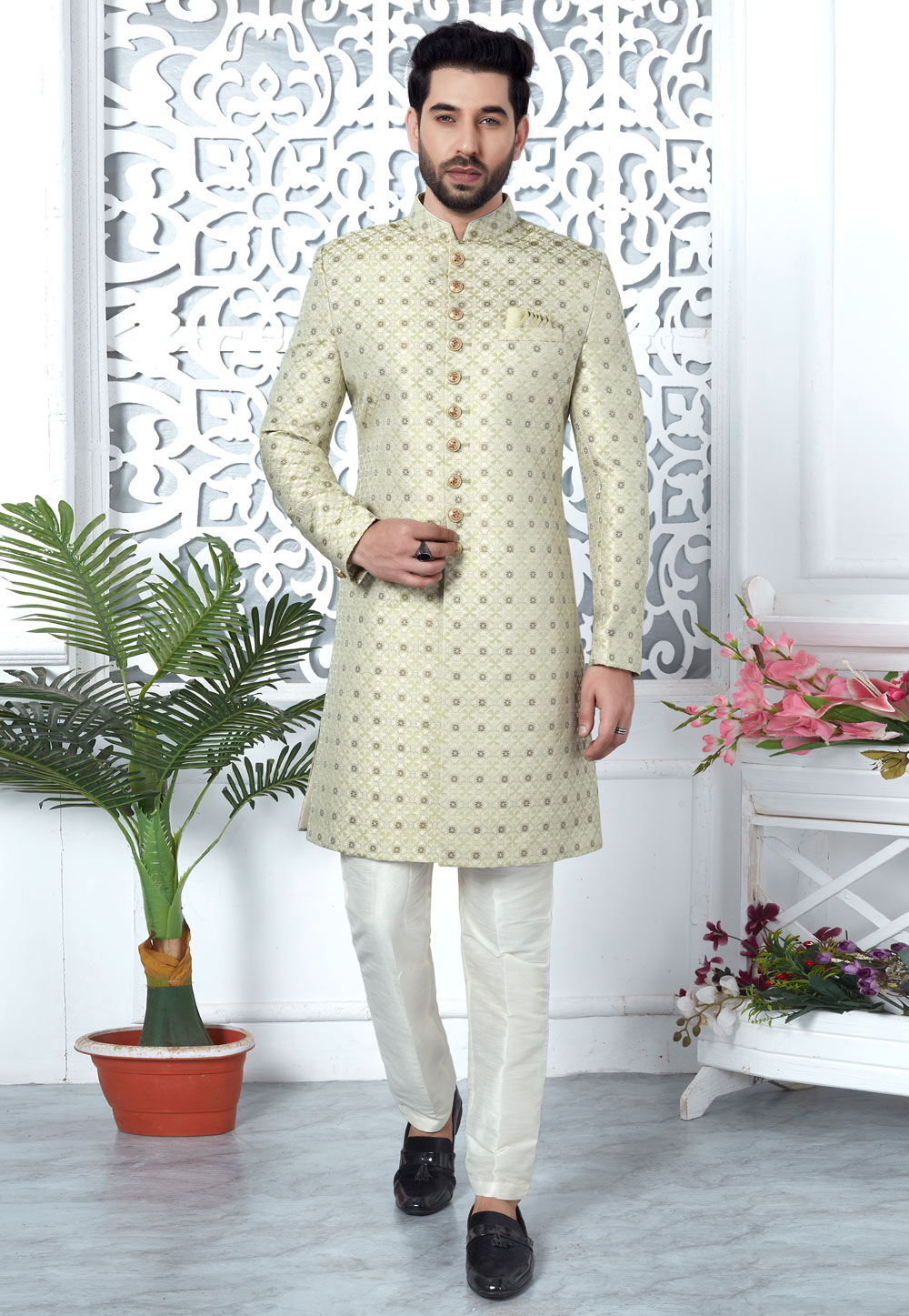 Pista Green Jacquard Silk Indo Western Suit 280161