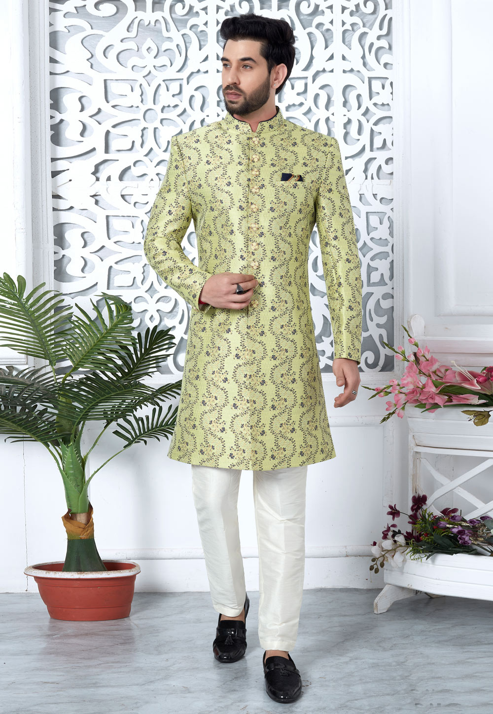 Pista Green Jacquard Silk Indo Western Suit 280164