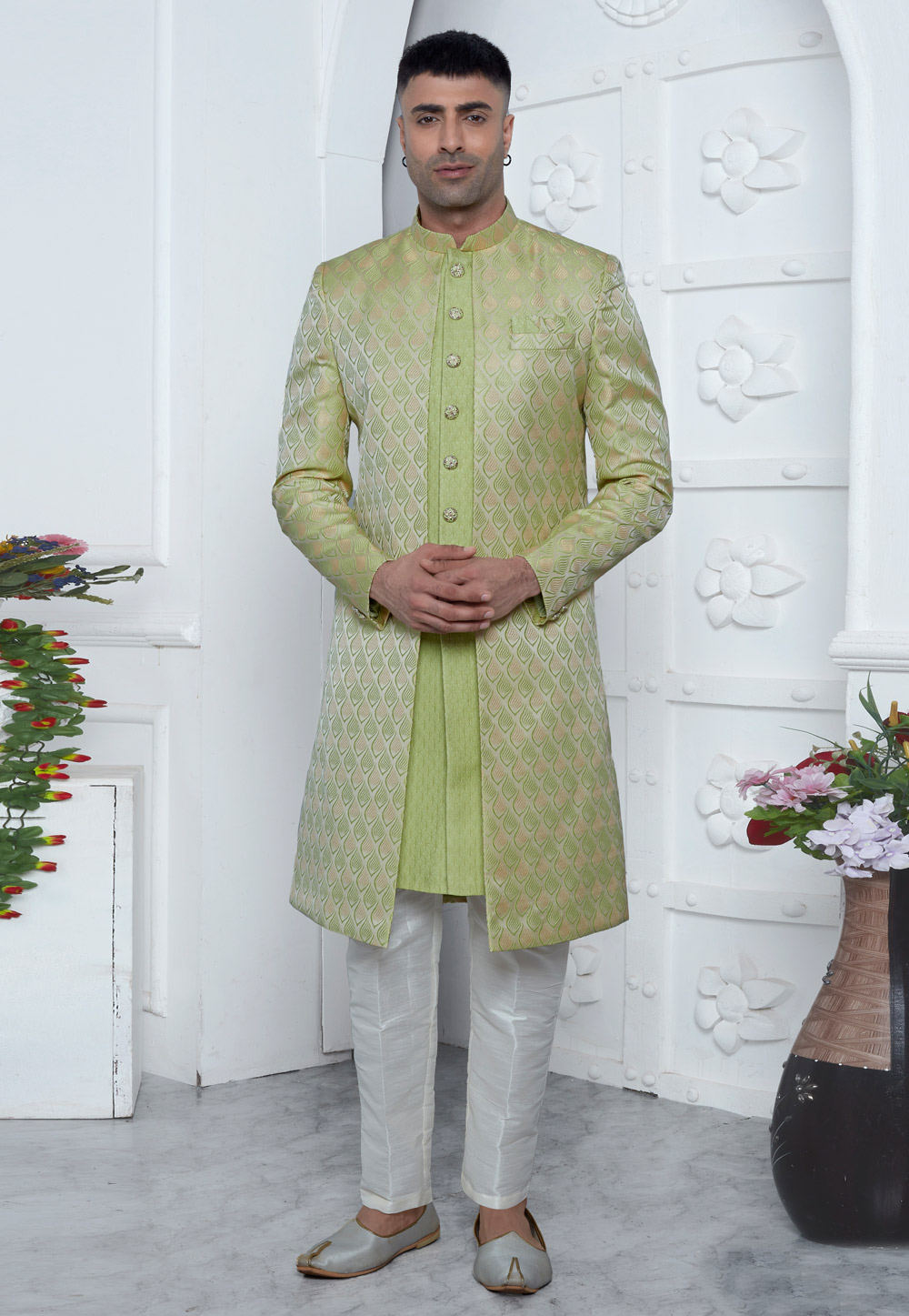 Pista Green Jacquard Silk Jacket Style Sherwani 280141