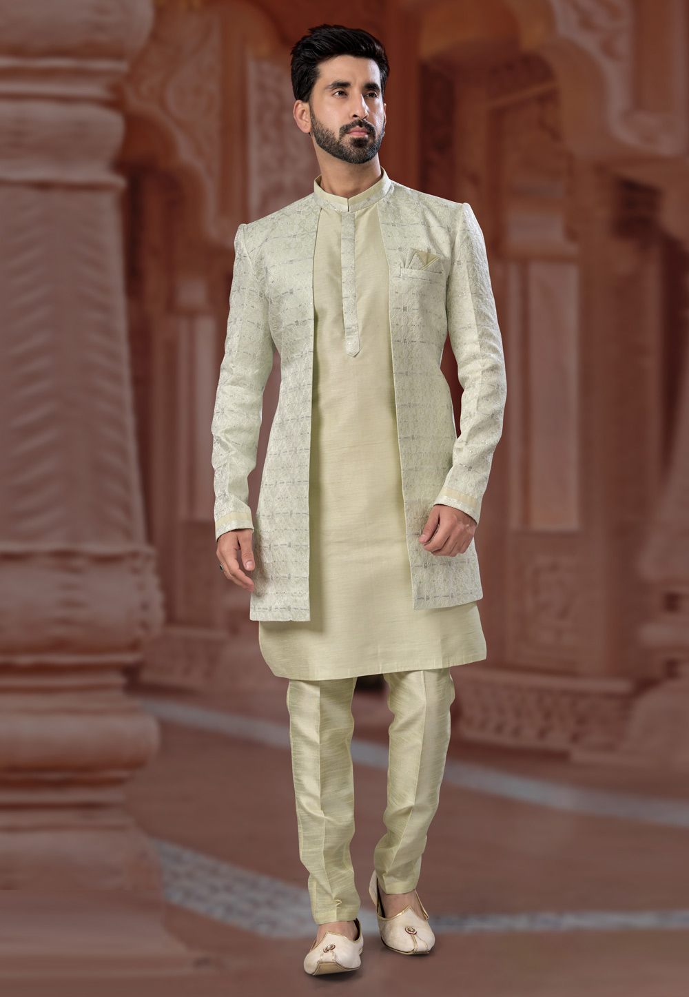Pista Green Jacquard Silk Jacket Style Sherwani 282252