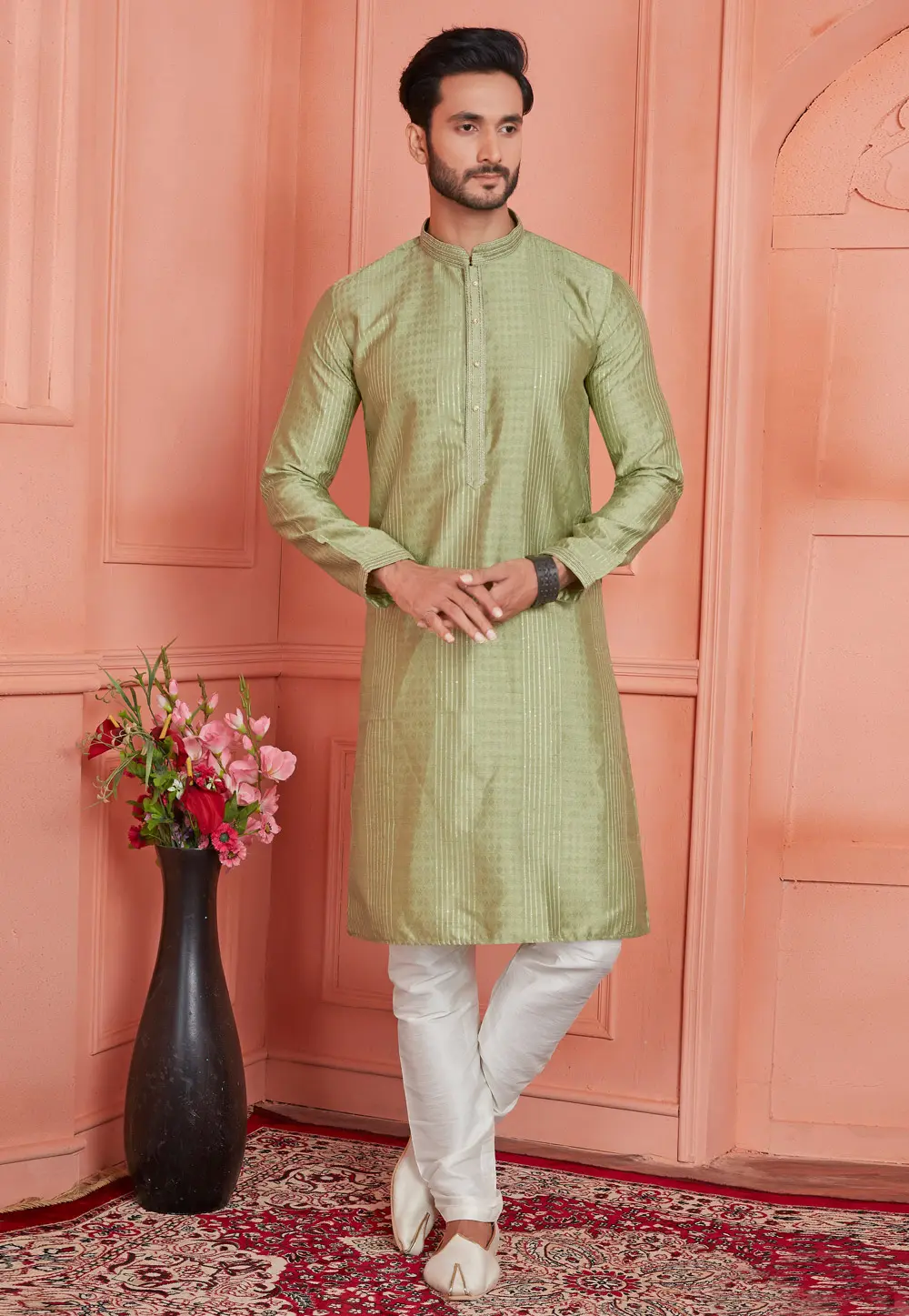 Pista Green Jacquard Silk Kurta Pajama 304286