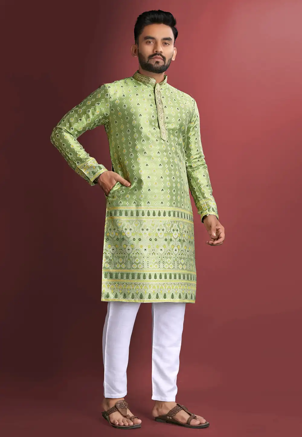 Pista Green Jacquard Silk Kurta Pajama 293769