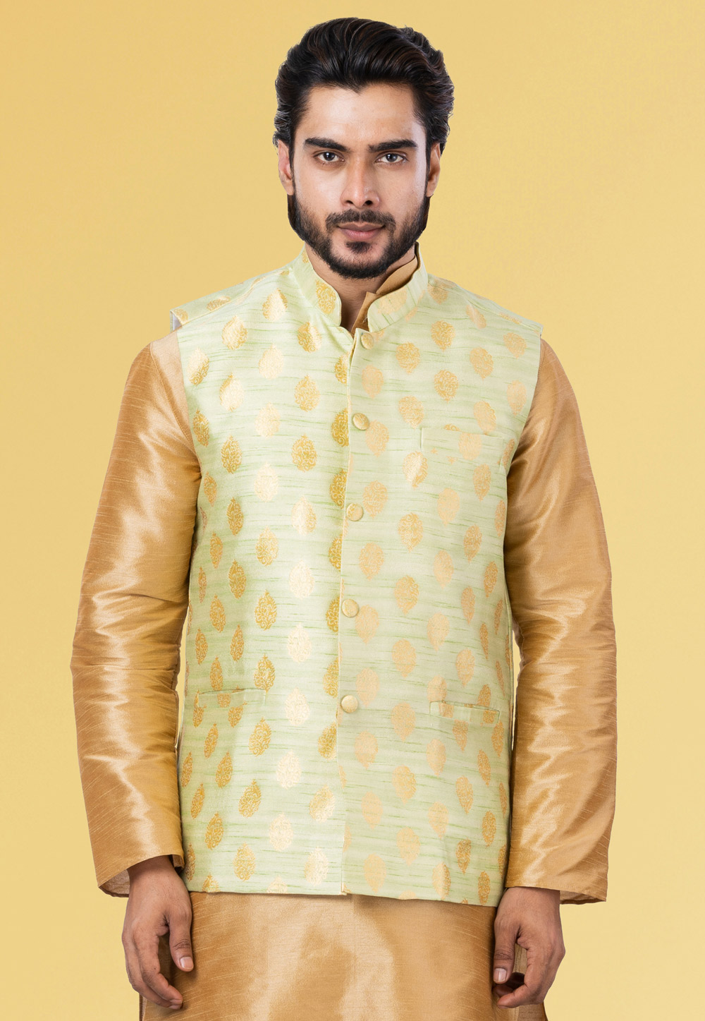 Pista Green Jacquard Silk Nehru Jacket 286923