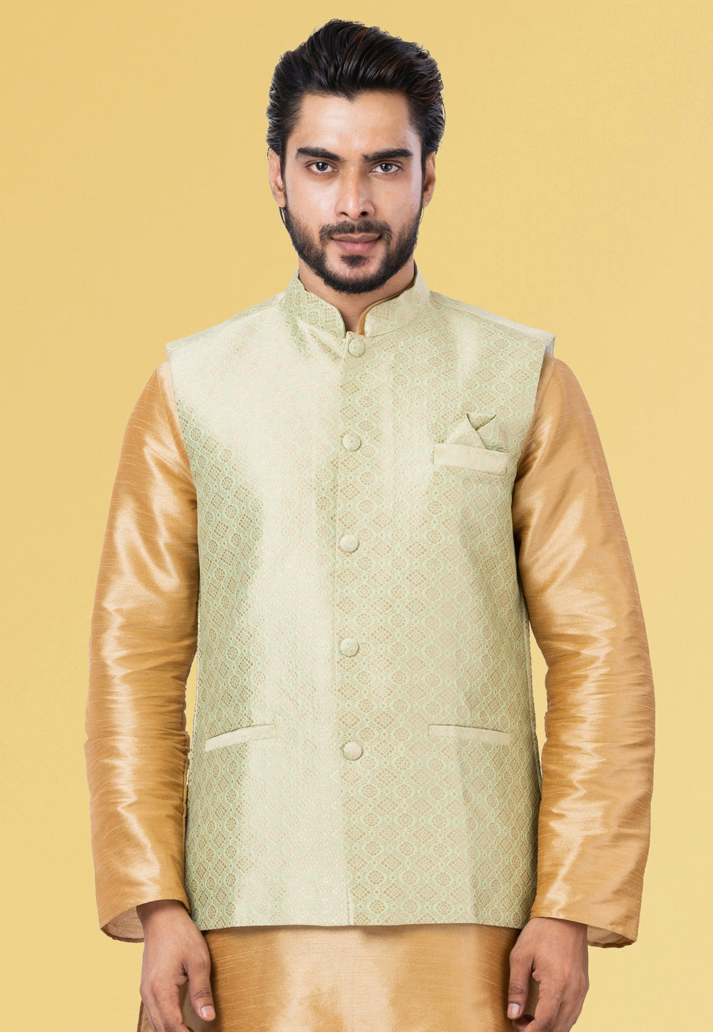 Pista Green Jacquard Silk Nehru Jacket 286932