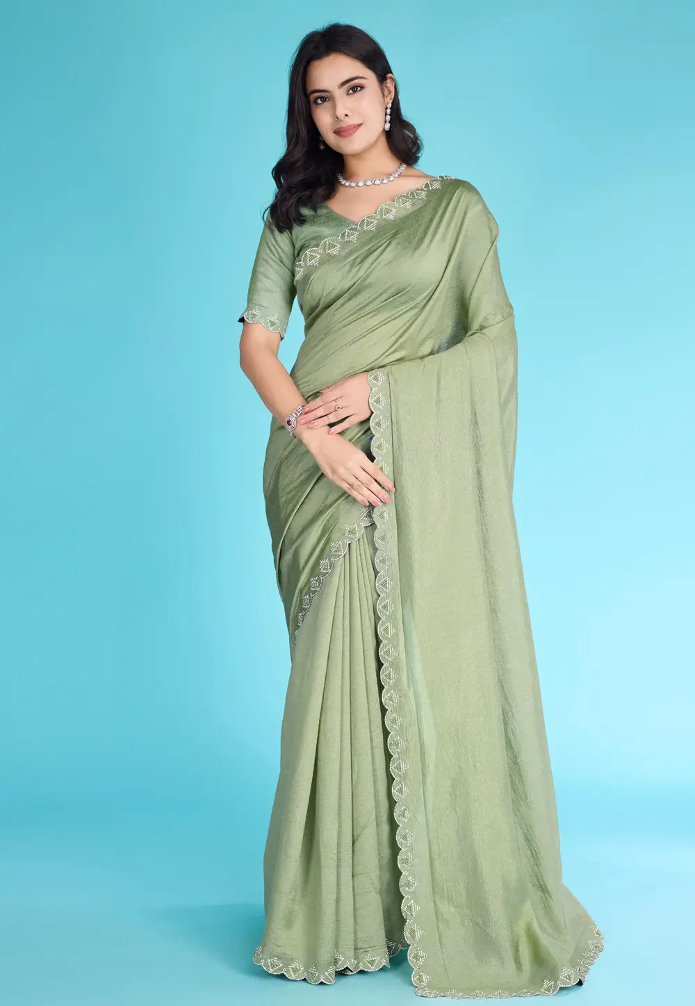 Pista Green Khadi Saree With Blouse 295840