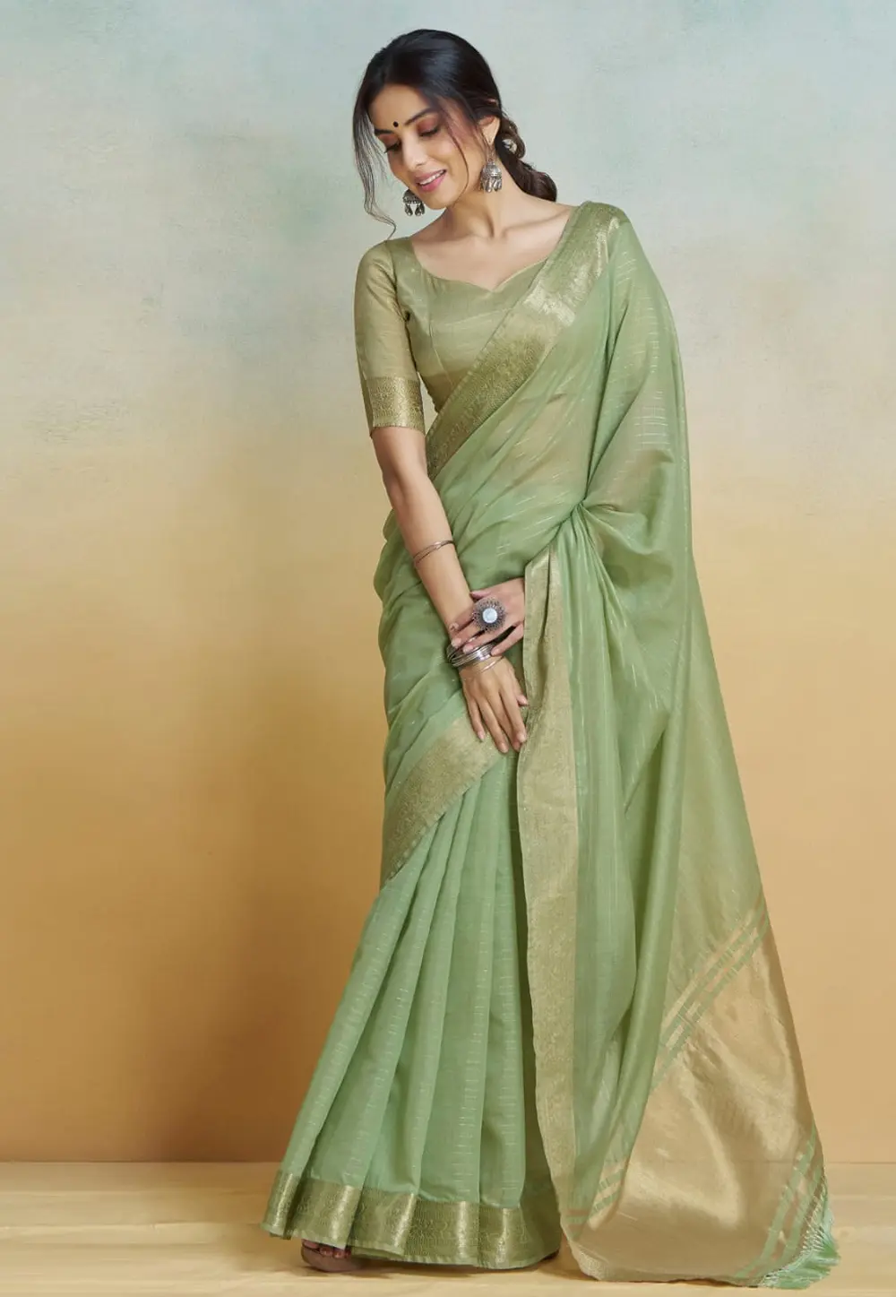 Pista Green Khadi Saree With Blouse 297254