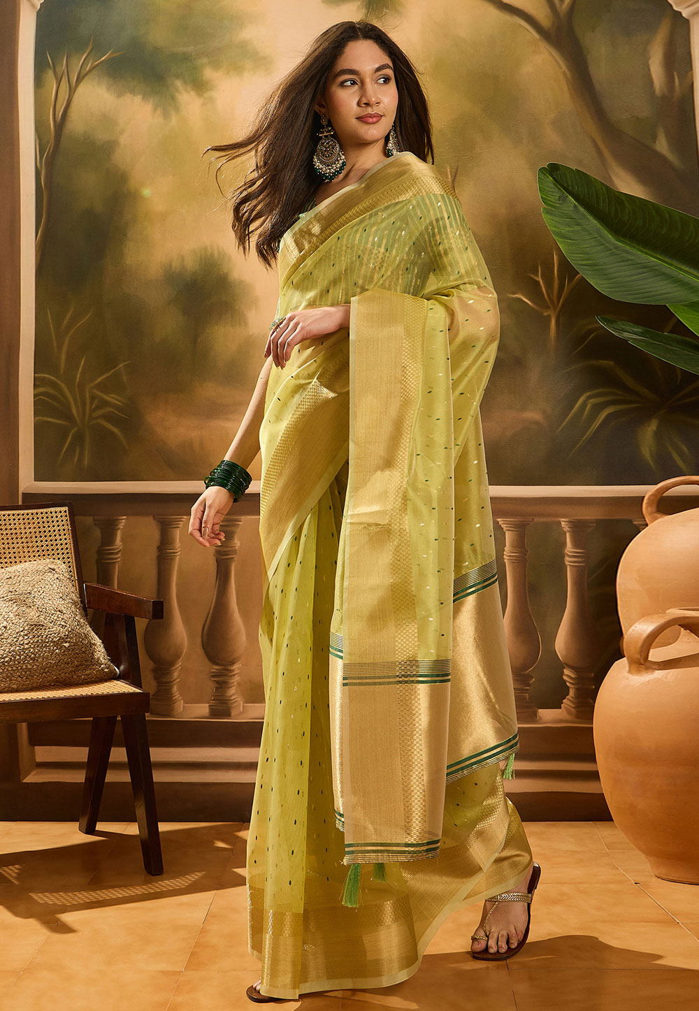 Pista Green Khadi Saree With Blouse 309134