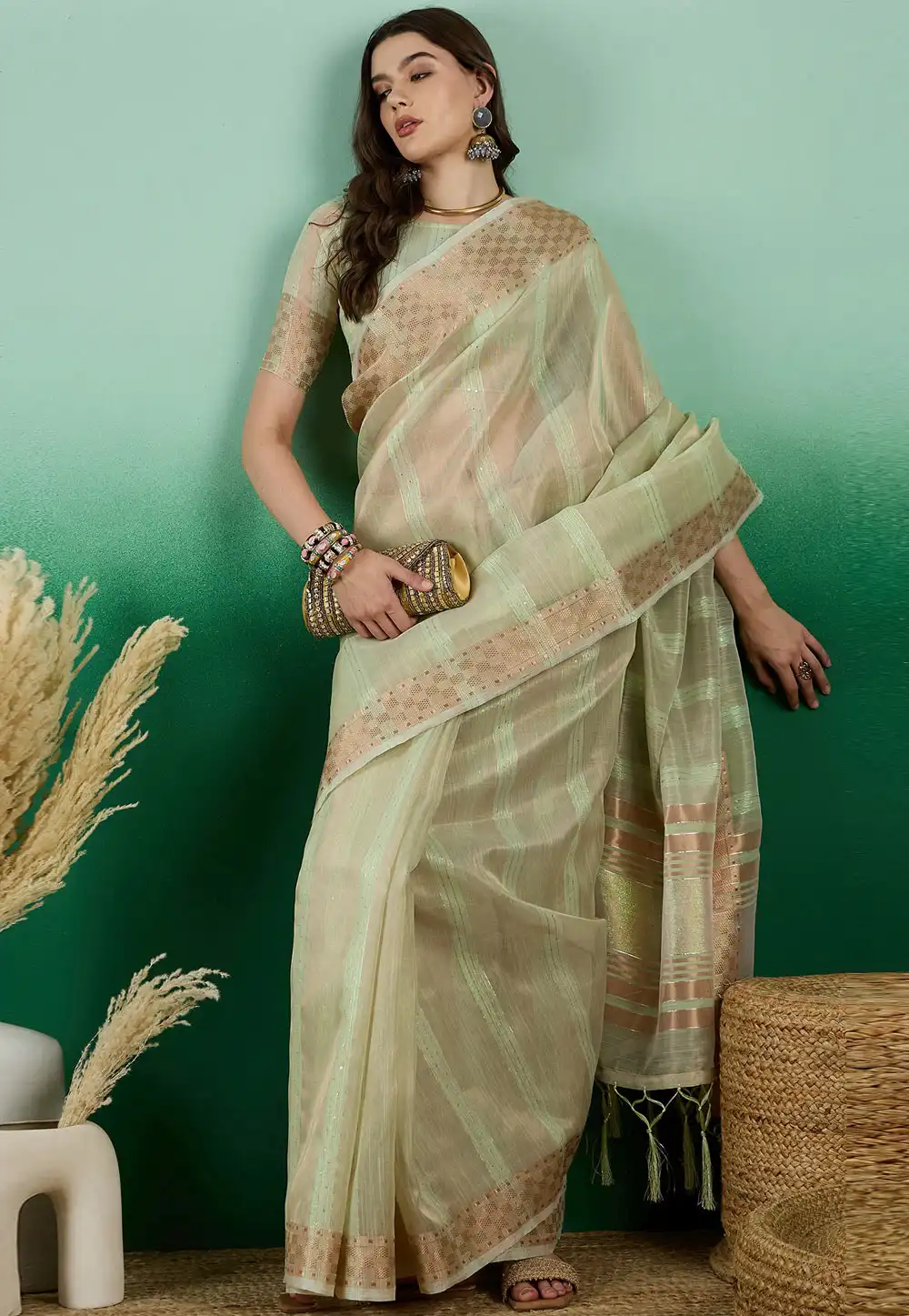 Pista Green Khadi Saree With Blouse 290221