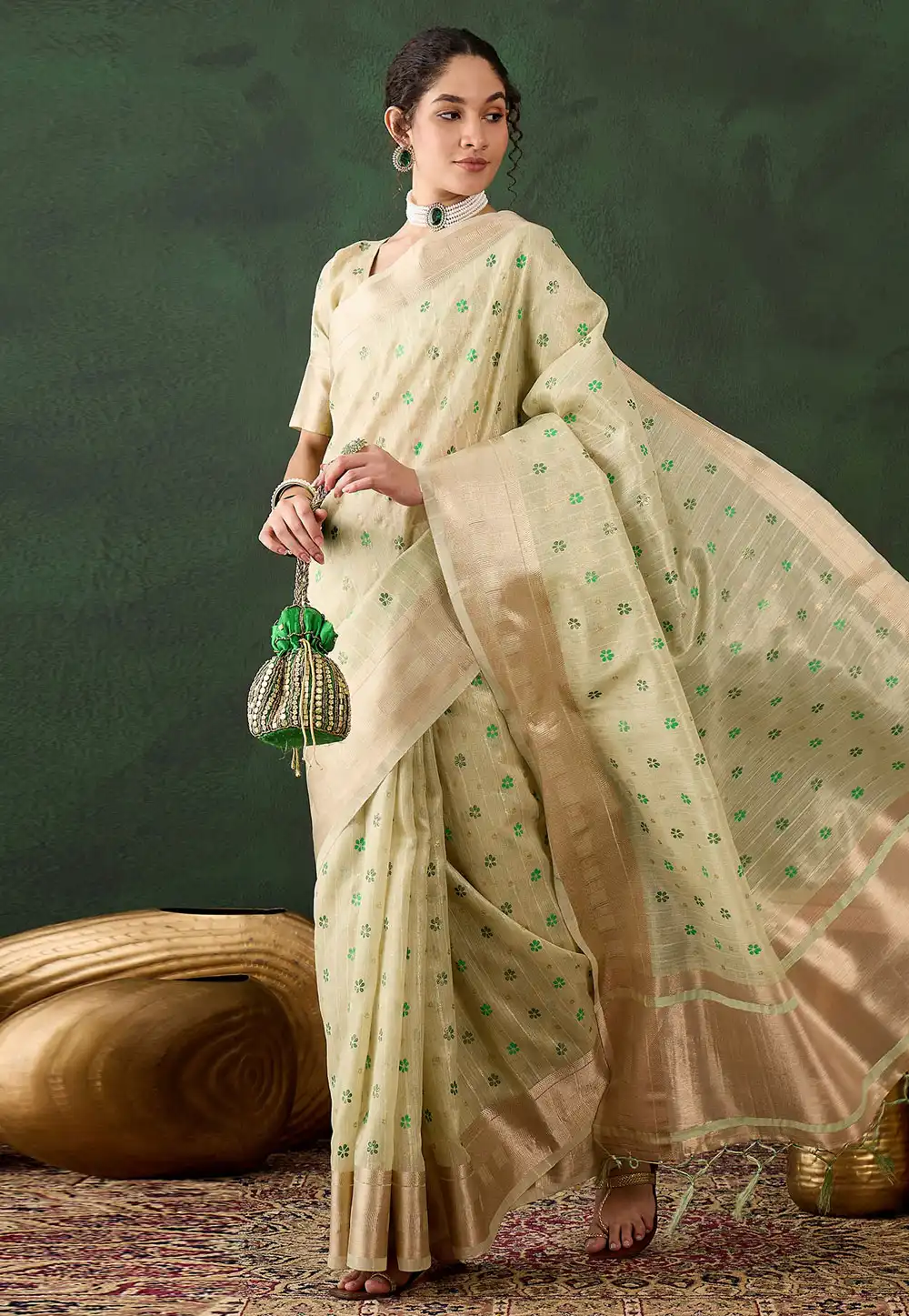 Pista Green Khadi Saree With Blouse 294341