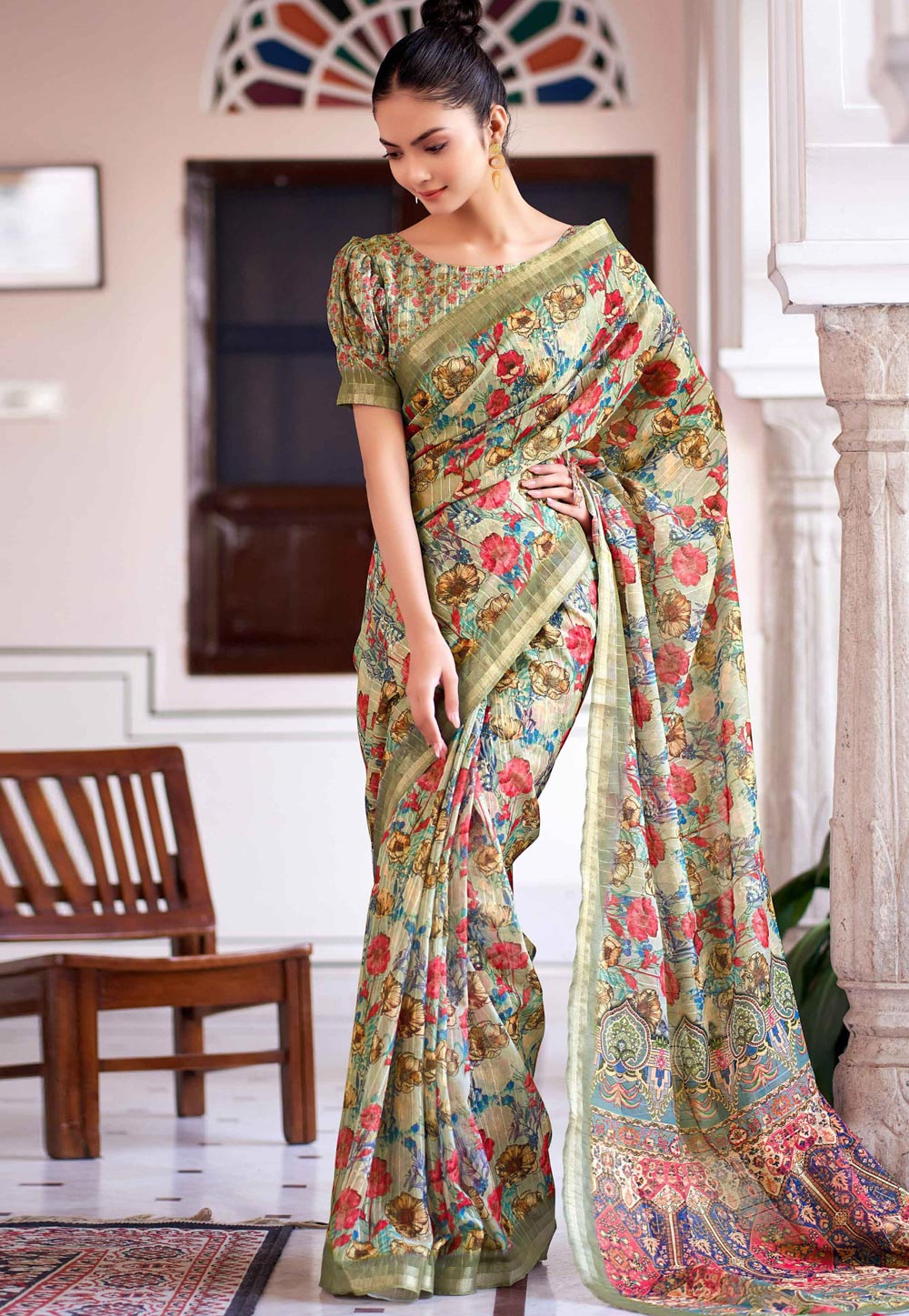 Pista Green Linen Saree With Blouse 279792