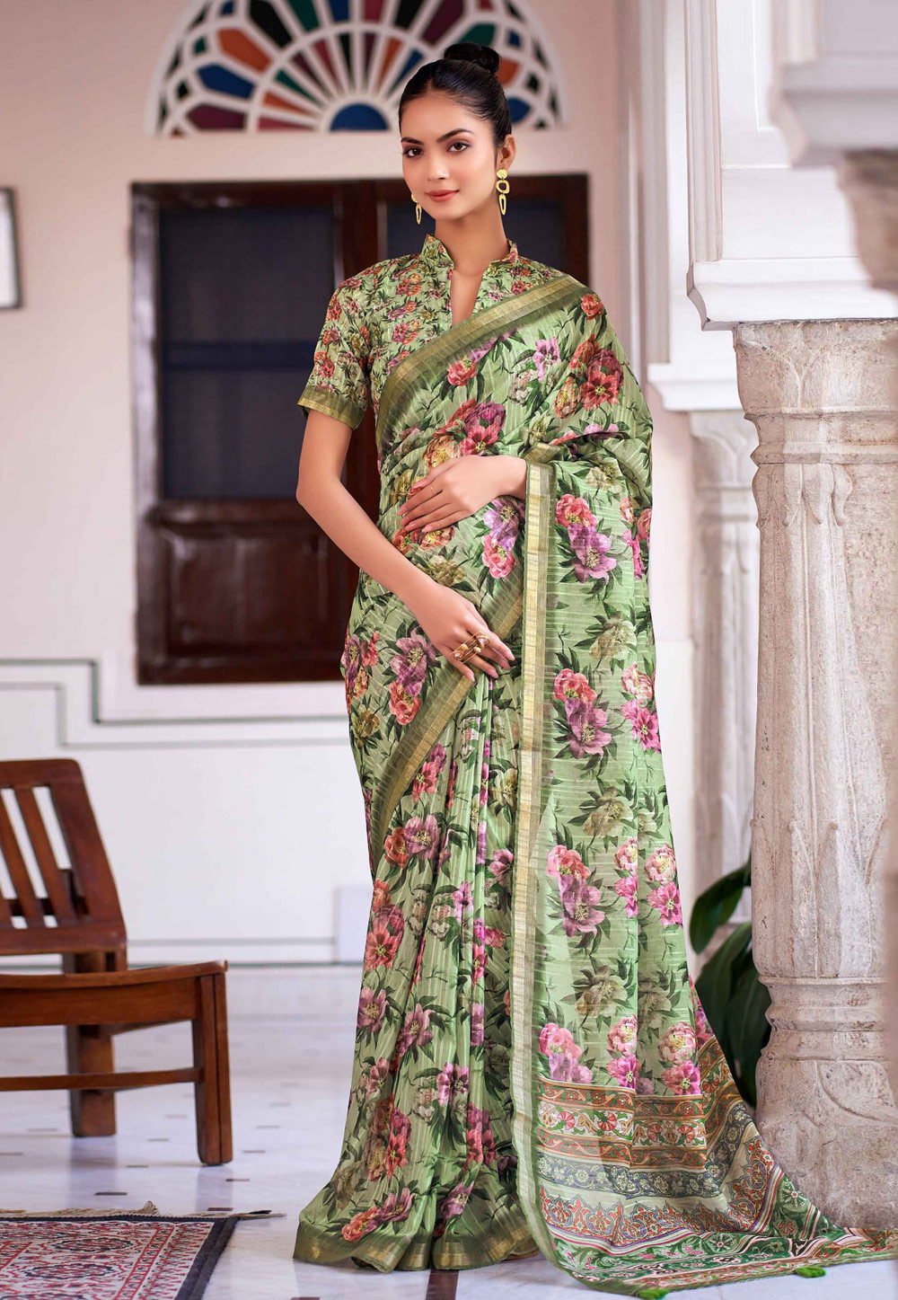 Pista Green Linen Saree With Blouse 279802