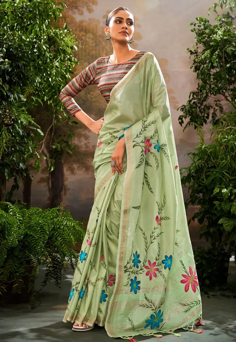 Pista Green Linen Saree With Blouse 295064