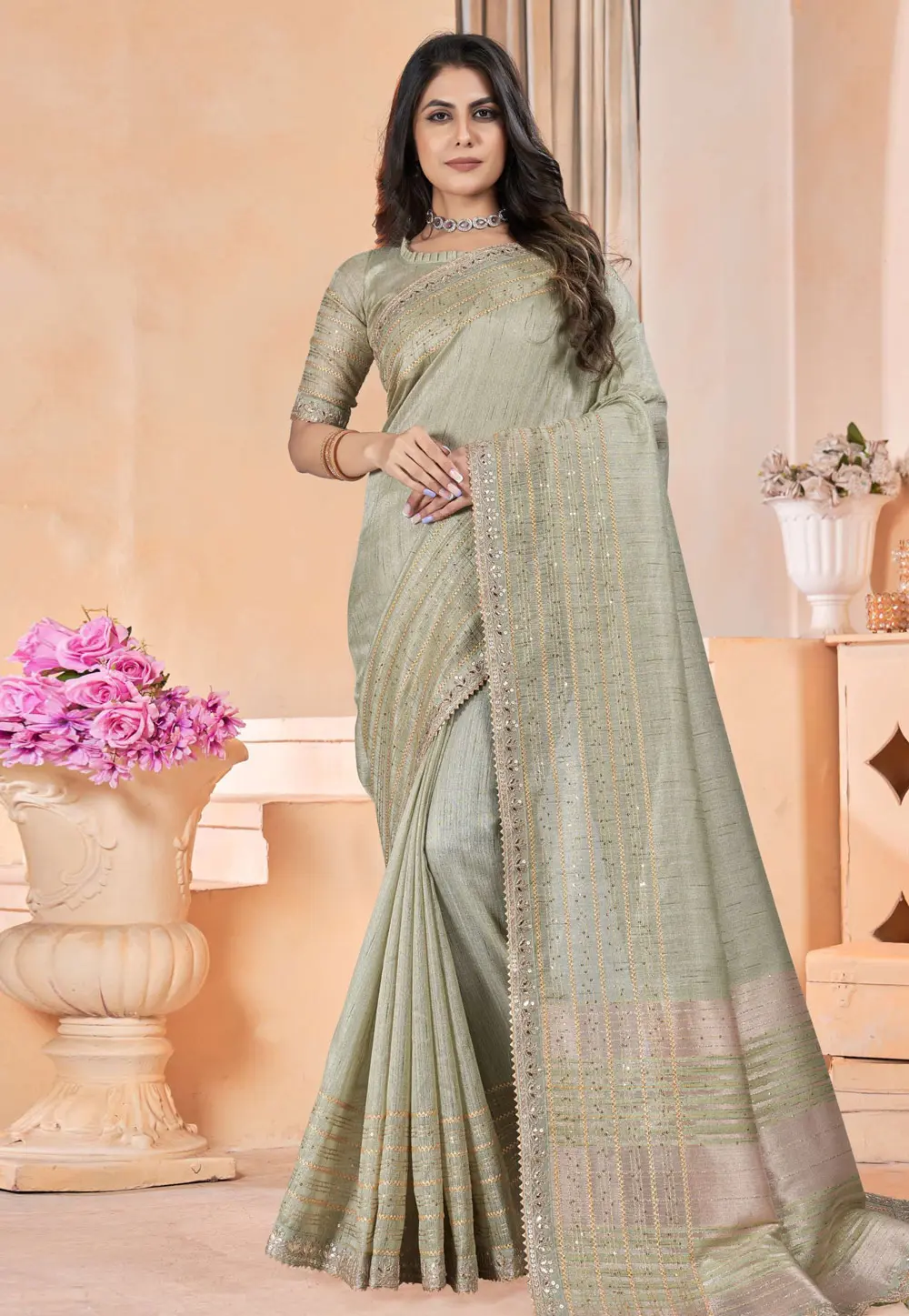 Pista Green Linen Saree With Blouse 301703