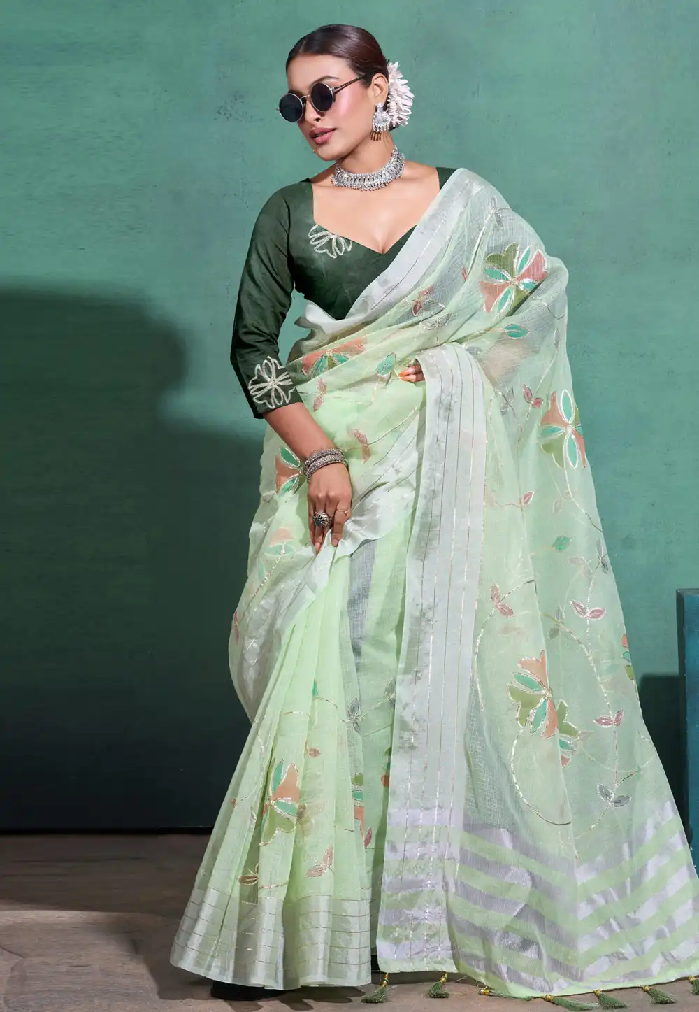 Pista Green Linen Saree With Blouse 289296